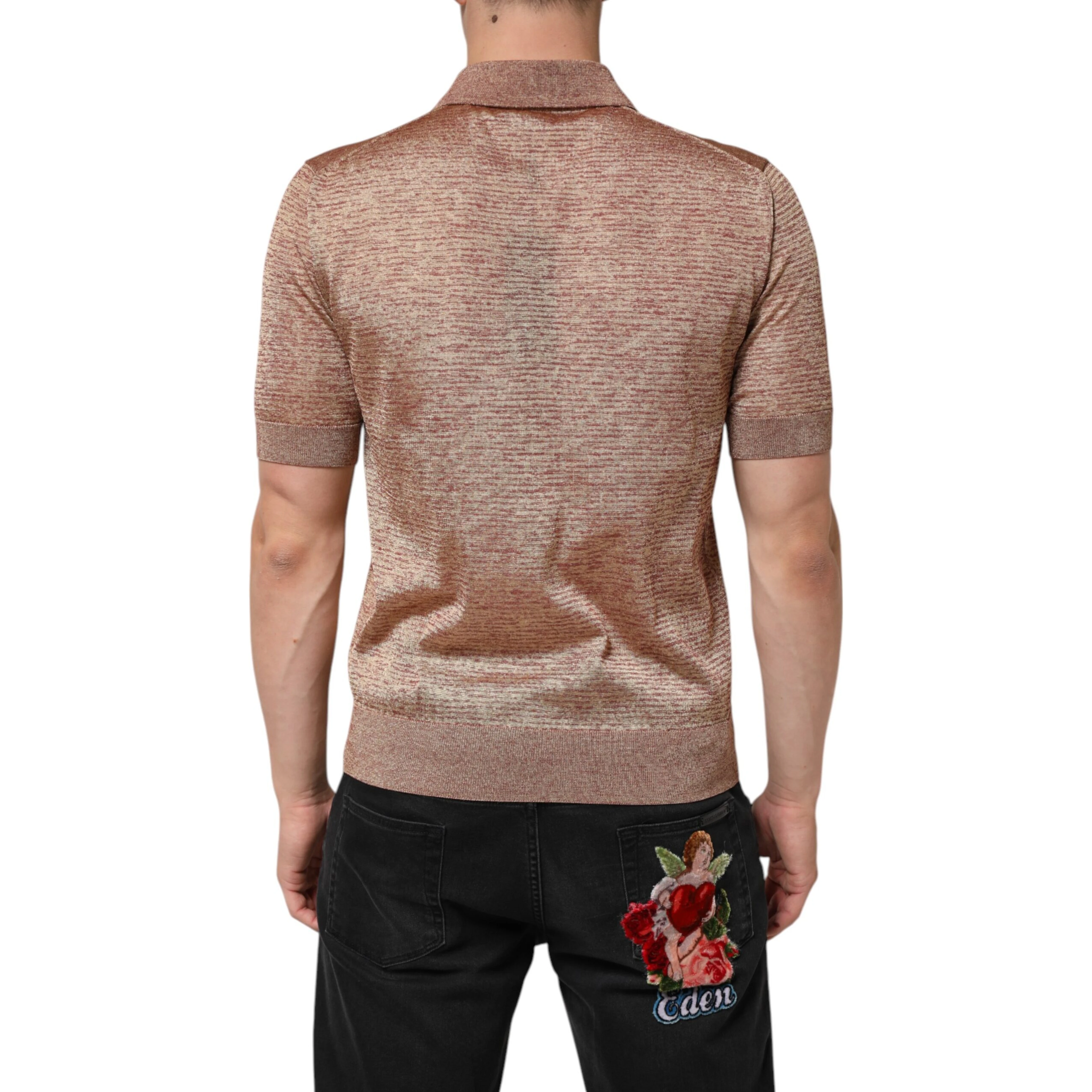 Brown Silk Textured Short Sleeve Polo T-shirt