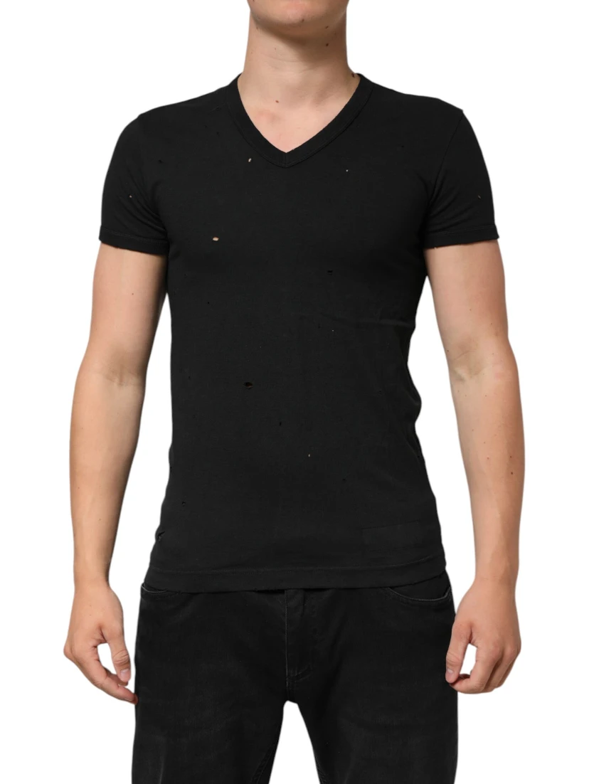 Black Cotton Tattered Logo V-Neck Men T-shirt