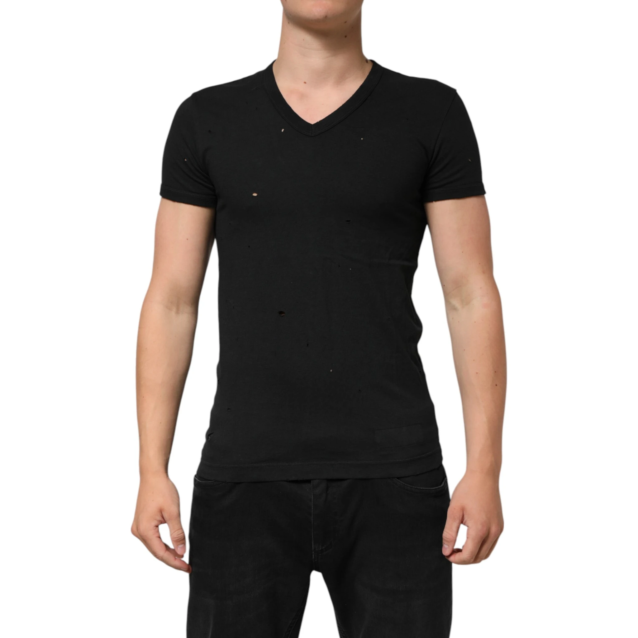 Black Cotton Tattered Logo V-Neck Men T-shirt