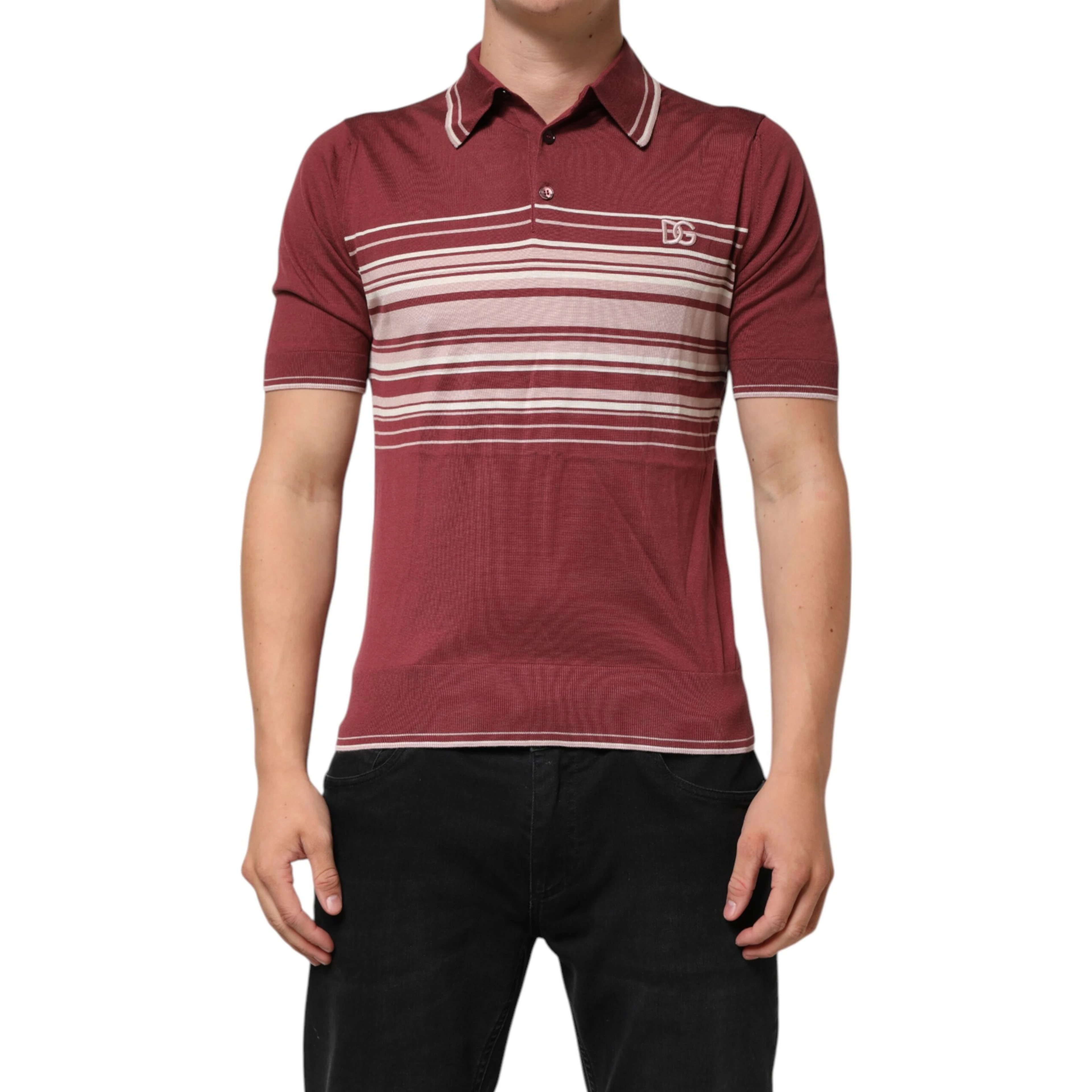 Cotton Burgundy Striped DG Logo Polo  T-shirt