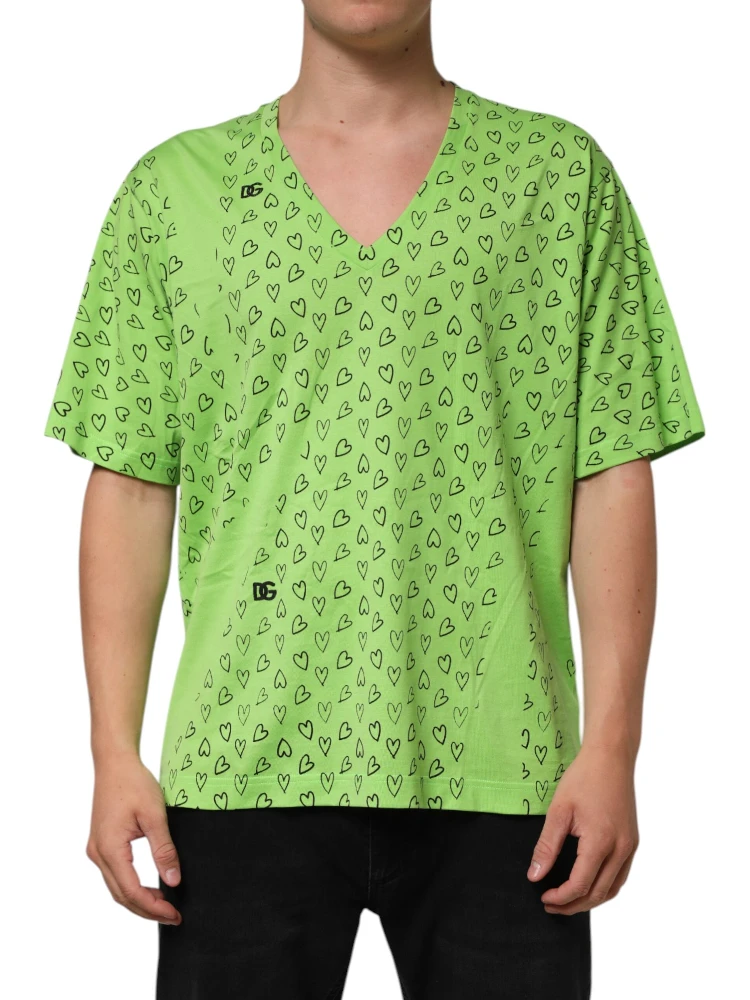 Green V-Neck DG Logo Heart Print T-shirt