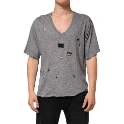 Gray Cotton Tattered Logo Patch Men T-shirt