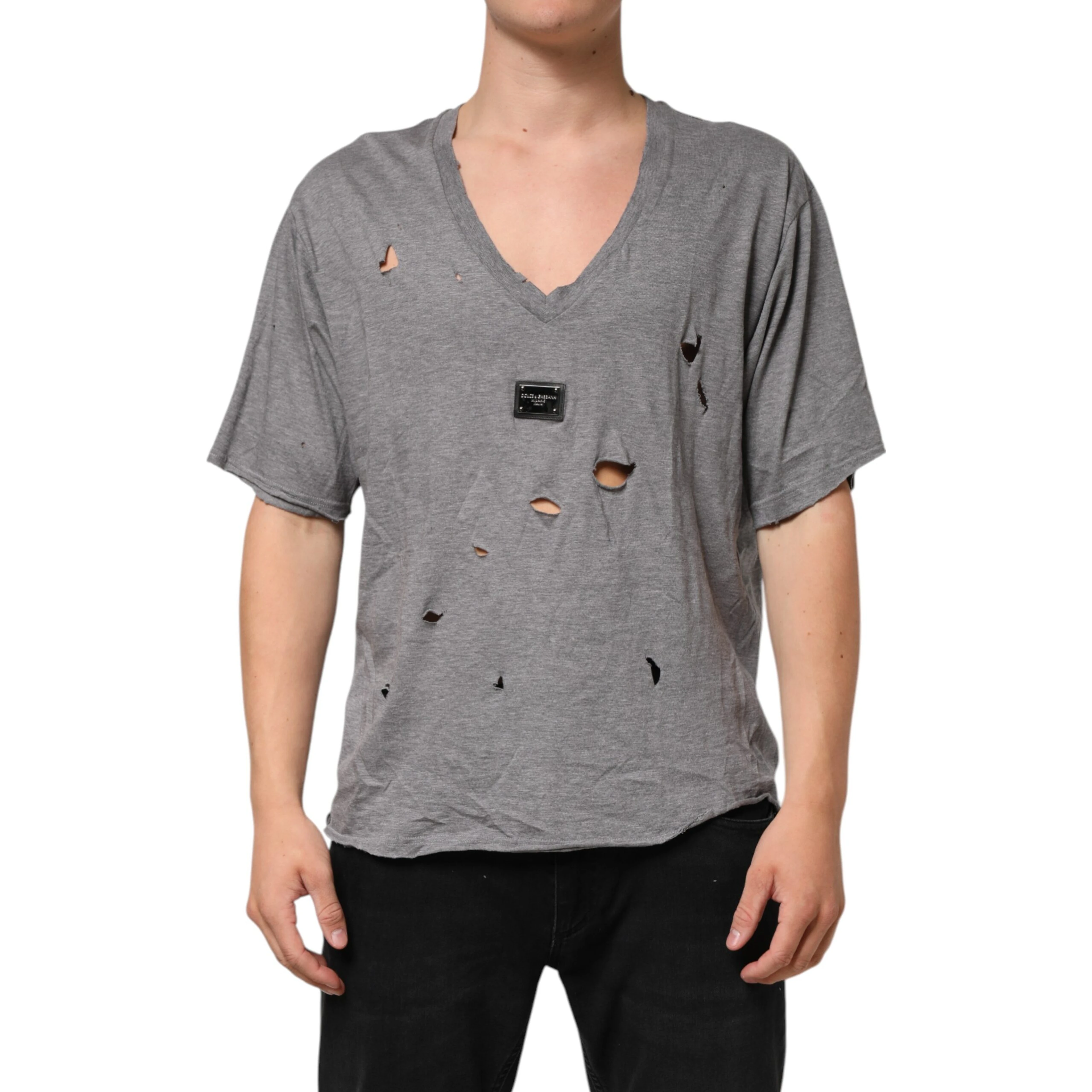 Gray Cotton Tattered Logo Patch Men T-shirt