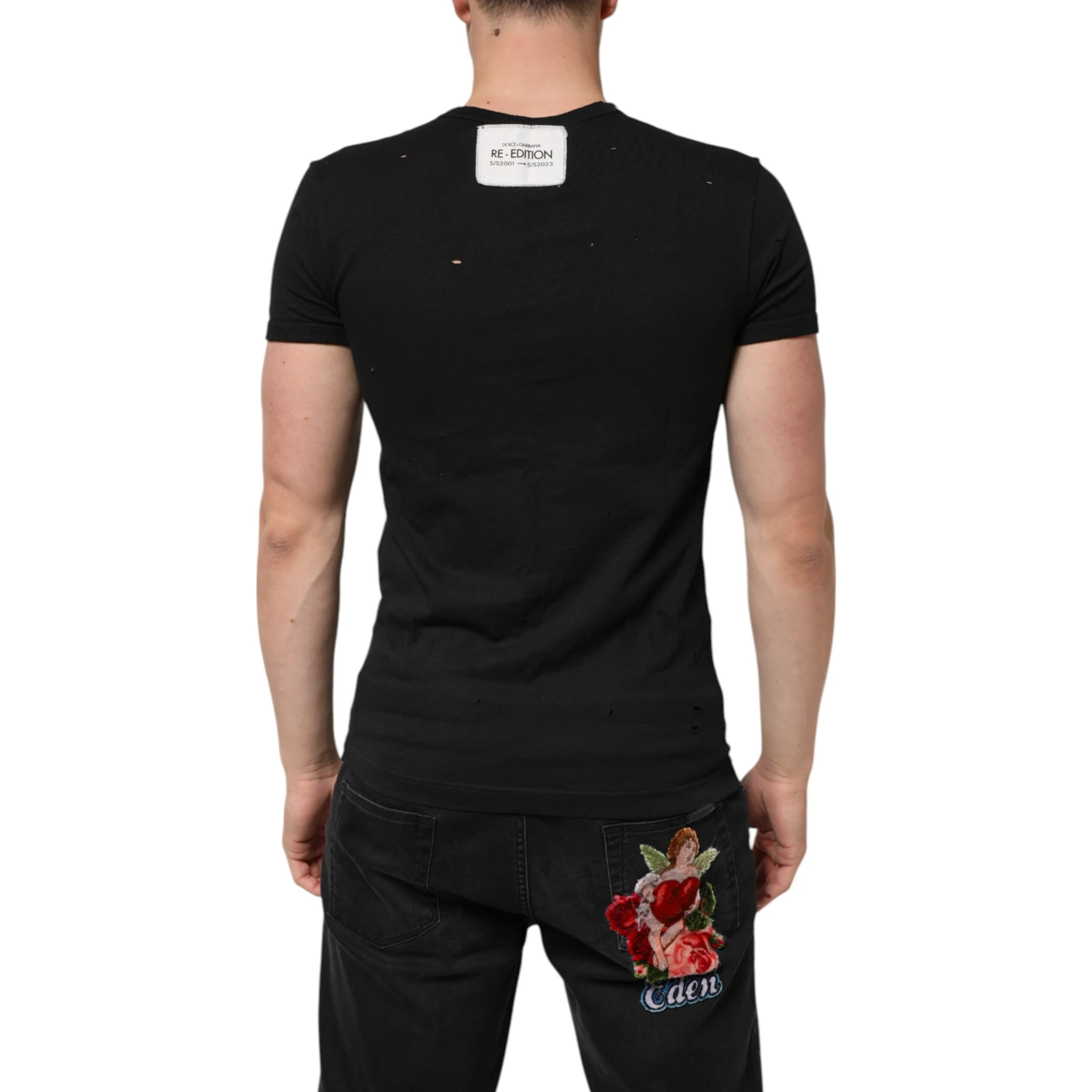 Black Cotton Tattered Logo V-Neck Men T-shirt
