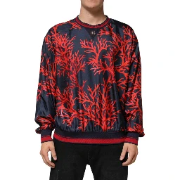 Silk Navy Red Coral Print Pullover Sweater