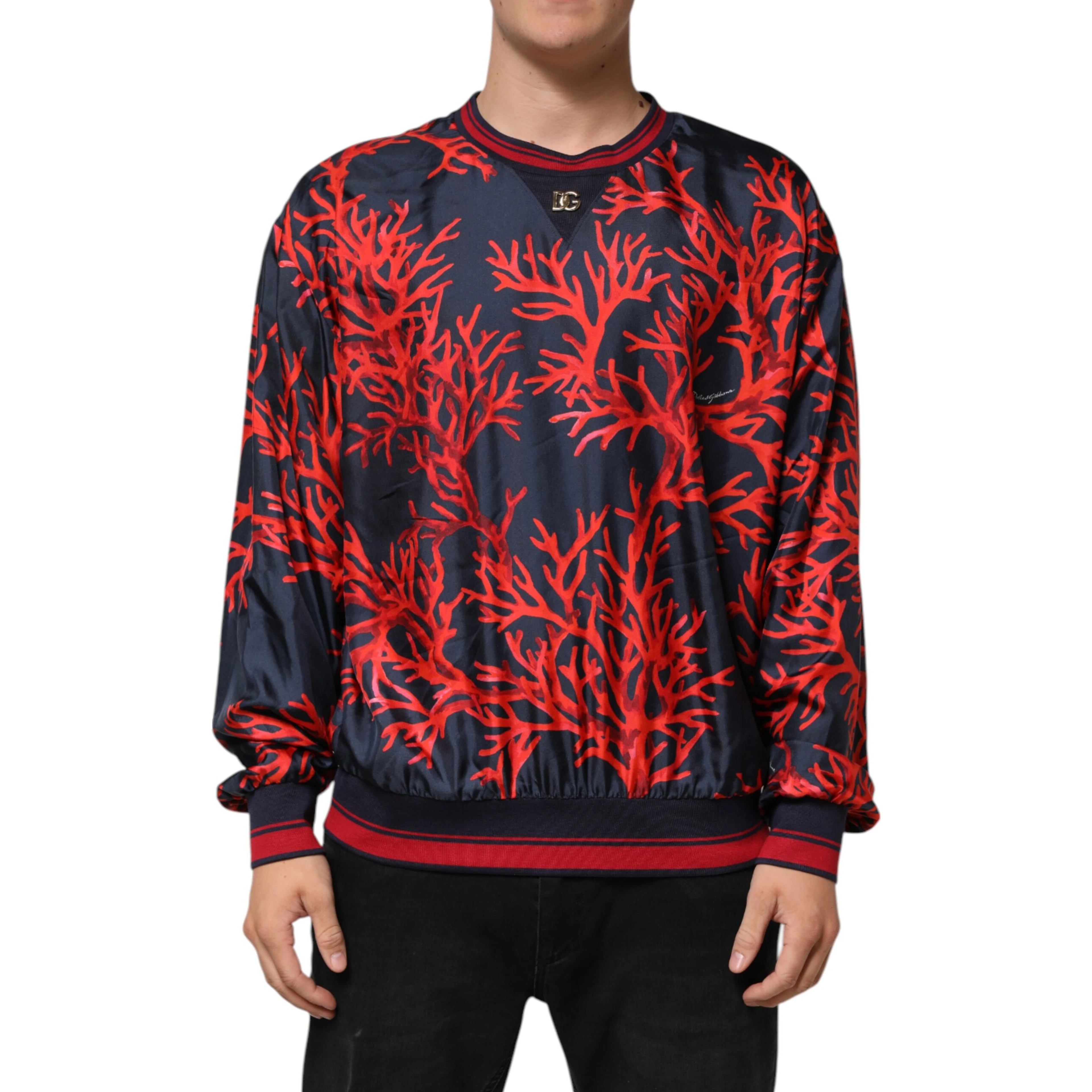 Silk Navy Red Coral Print Pullover Sweater