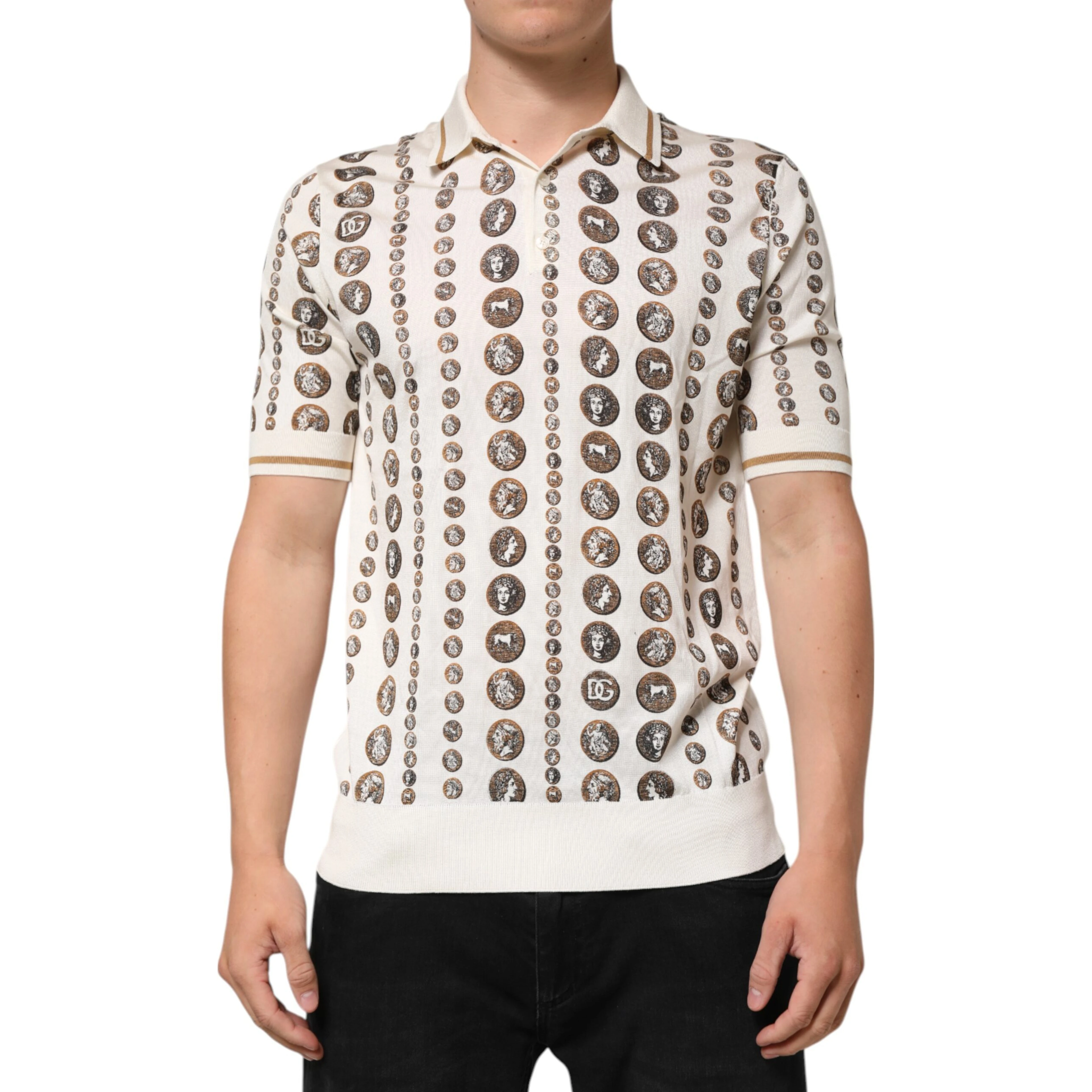 Silk Ivory Coin Print Logo Men Polo T-shirt