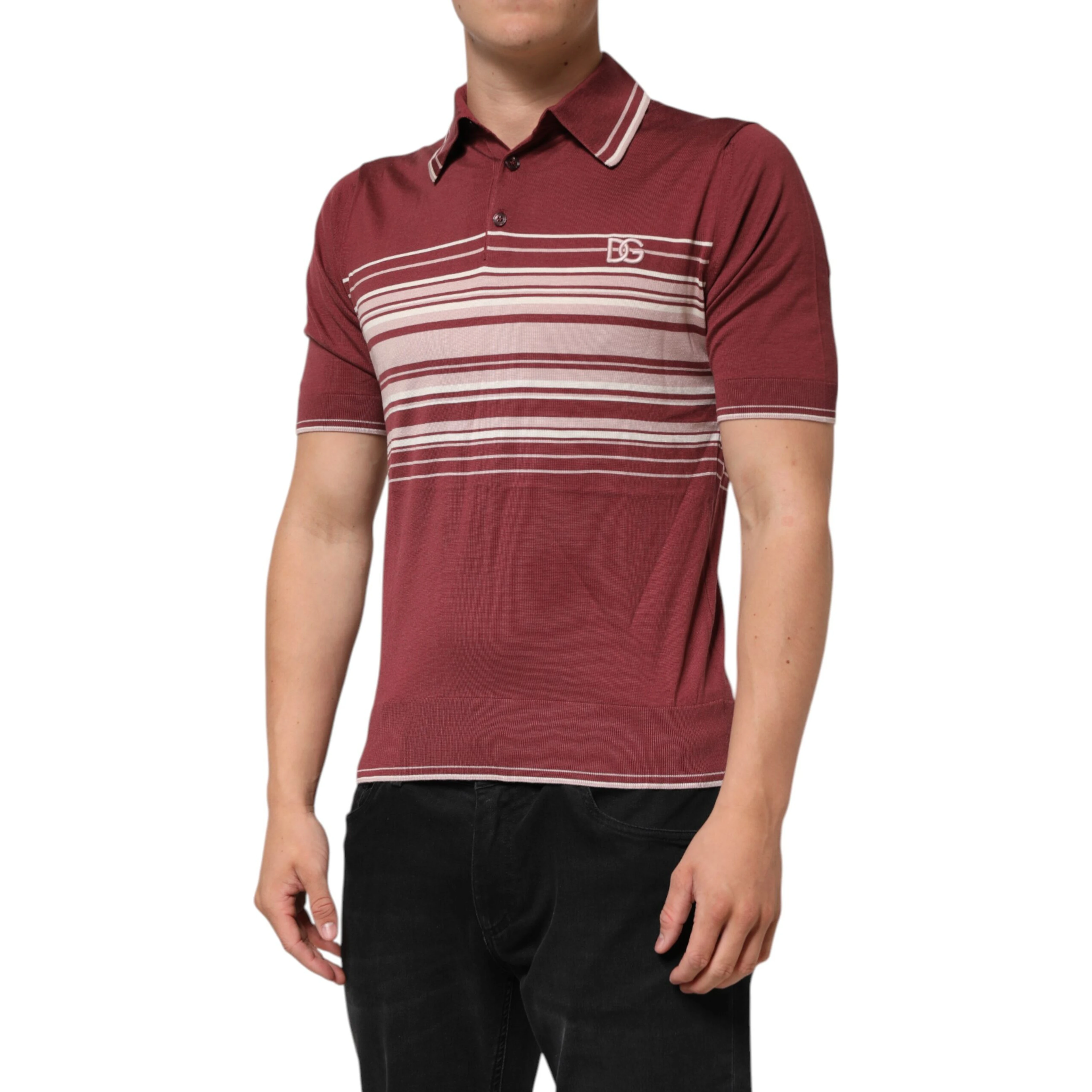 Cotton Burgundy Striped DG Logo Polo  T-shirt