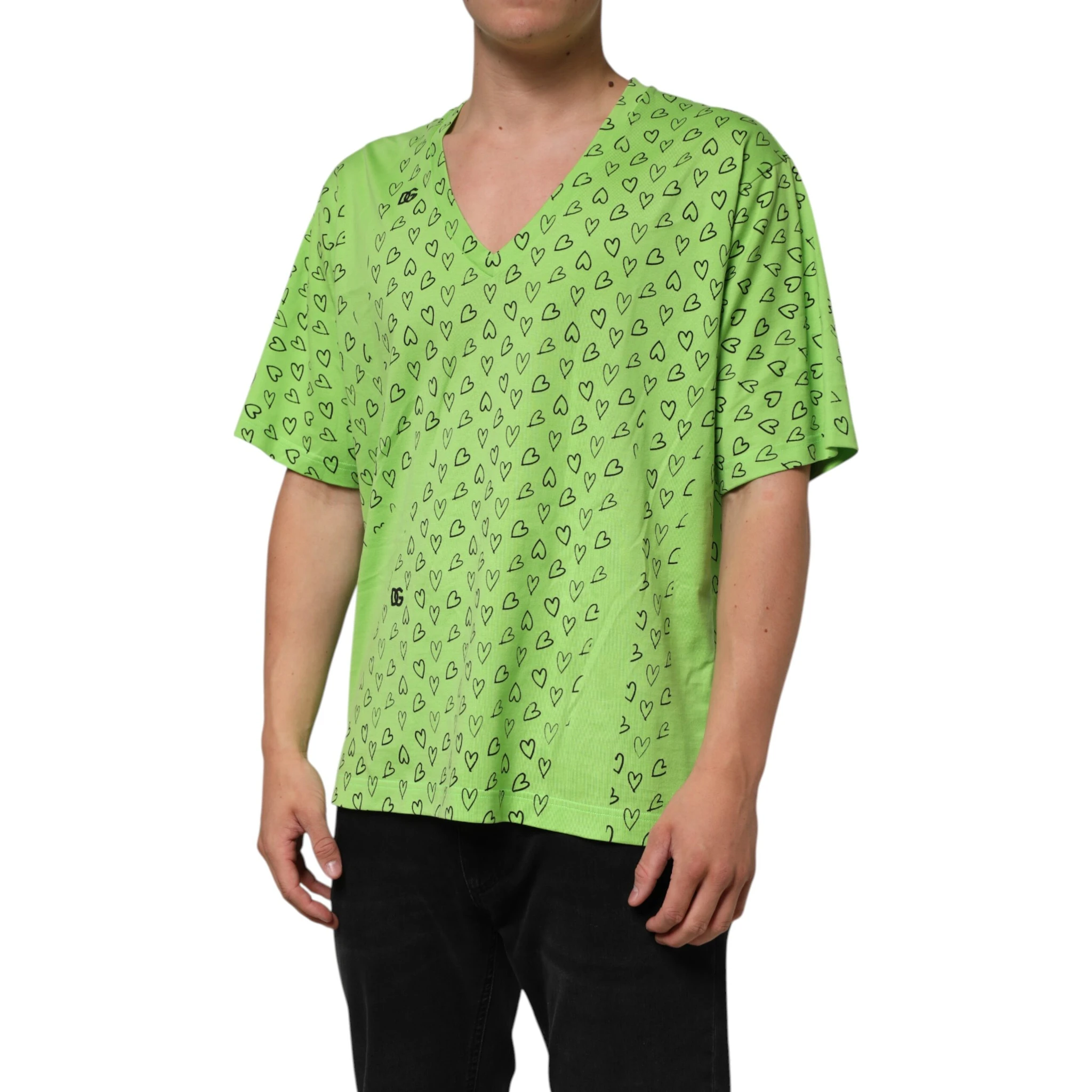 Green V-Neck DG Logo Heart Print T-shirt