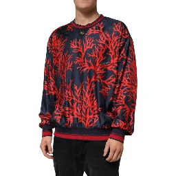 Silk Navy Red Coral Print Pullover Sweater