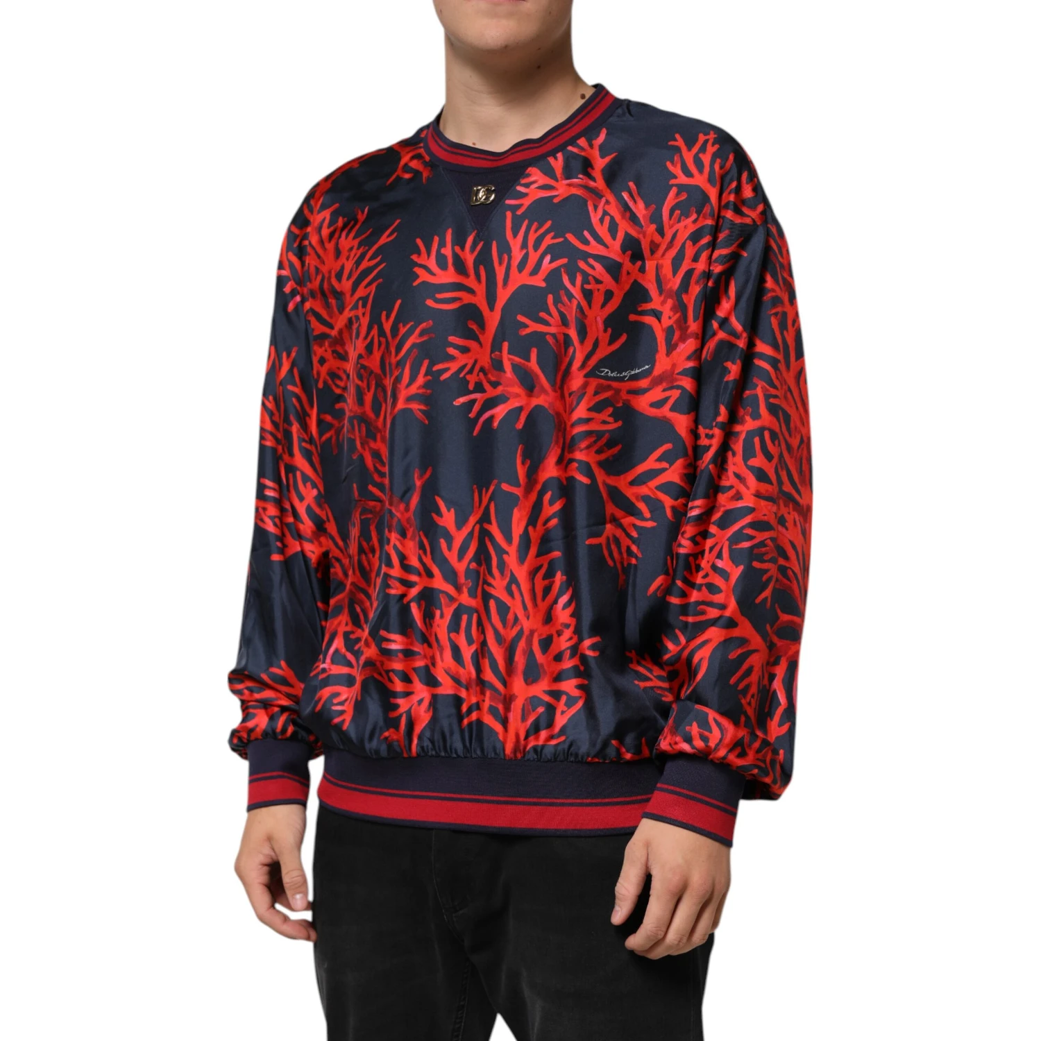 Silk Navy Red Coral Print Pullover Sweater