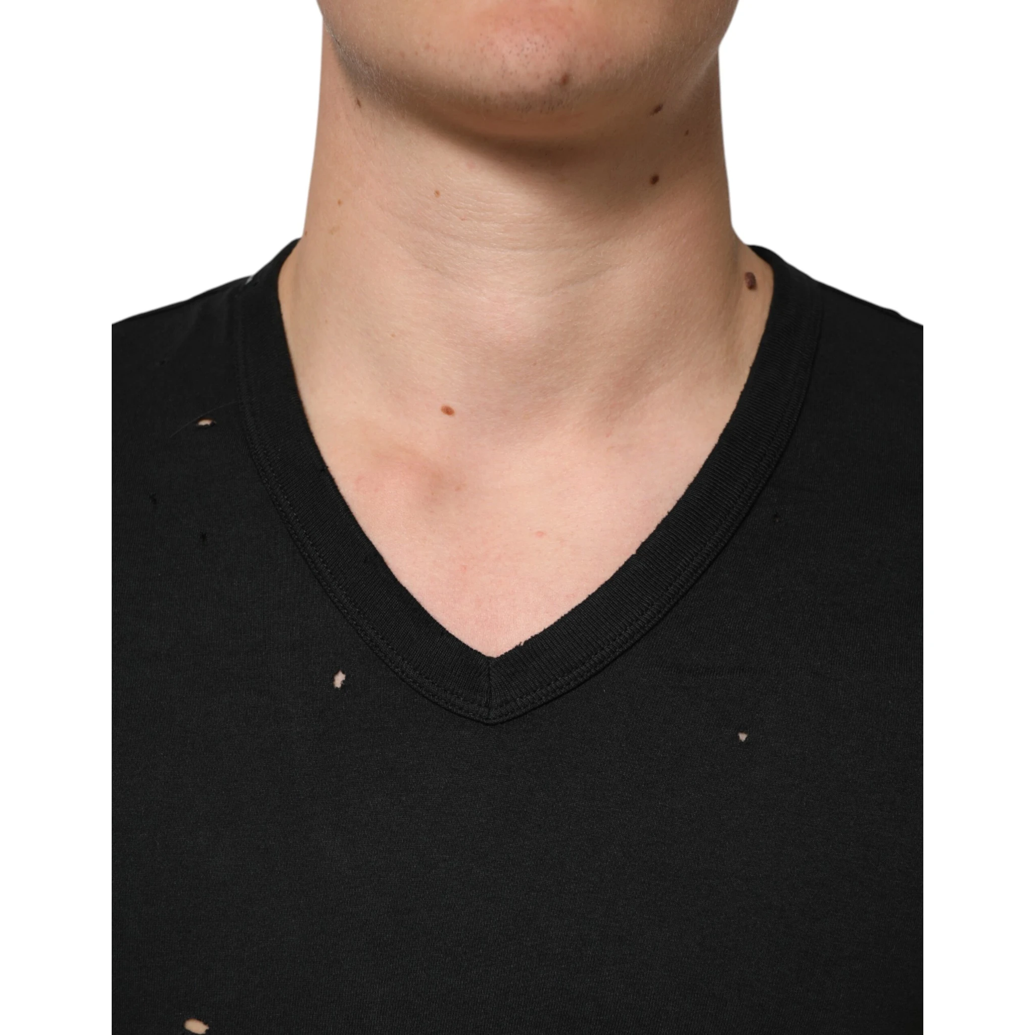 Black Cotton Tattered Logo V-Neck Men T-shirt