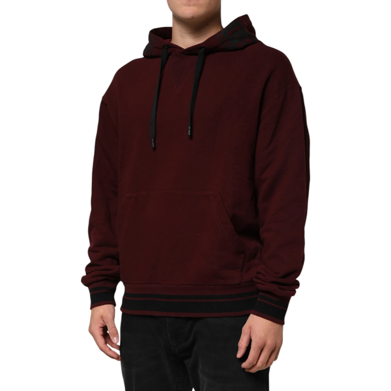 Burgundy Cotton Plaid Lined Men Hoodie Sweater