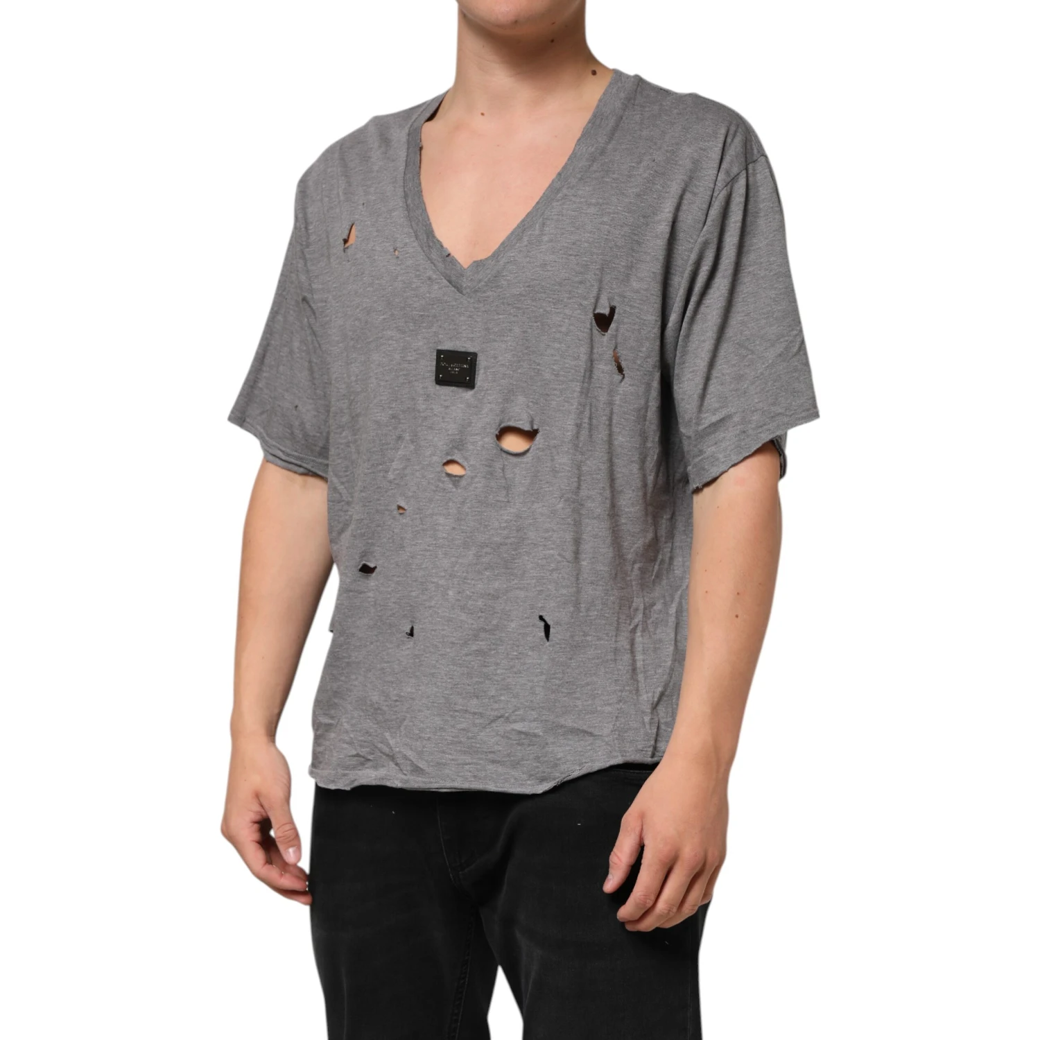 Gray Cotton Tattered Logo Patch Men T-shirt