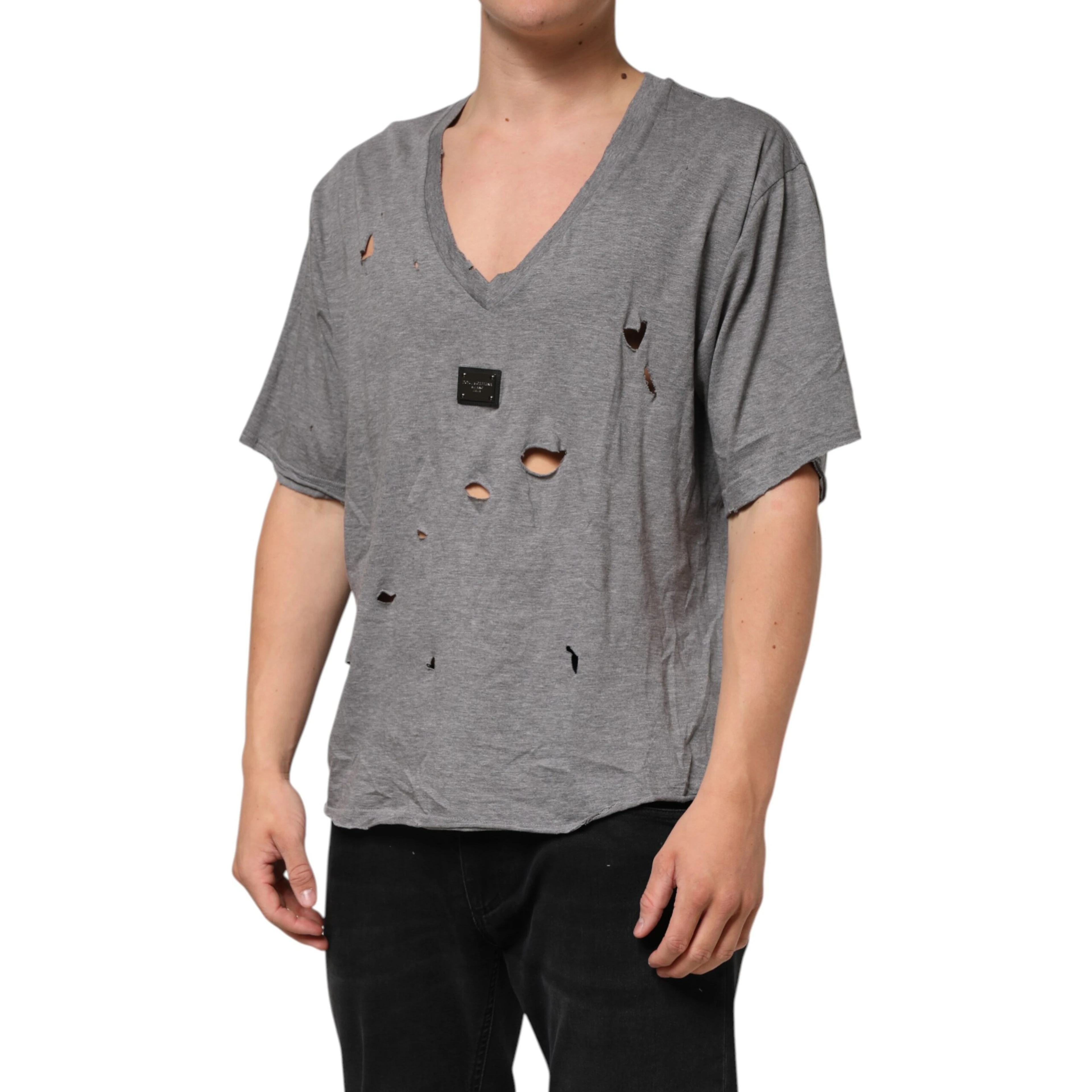 Gray Cotton Tattered Logo Patch Men T-shirt