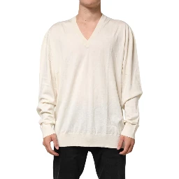 Ivory Virgin Wool Men V-Neck Knit Sweater