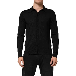 Black Silk Button Up Lightweight Sweater