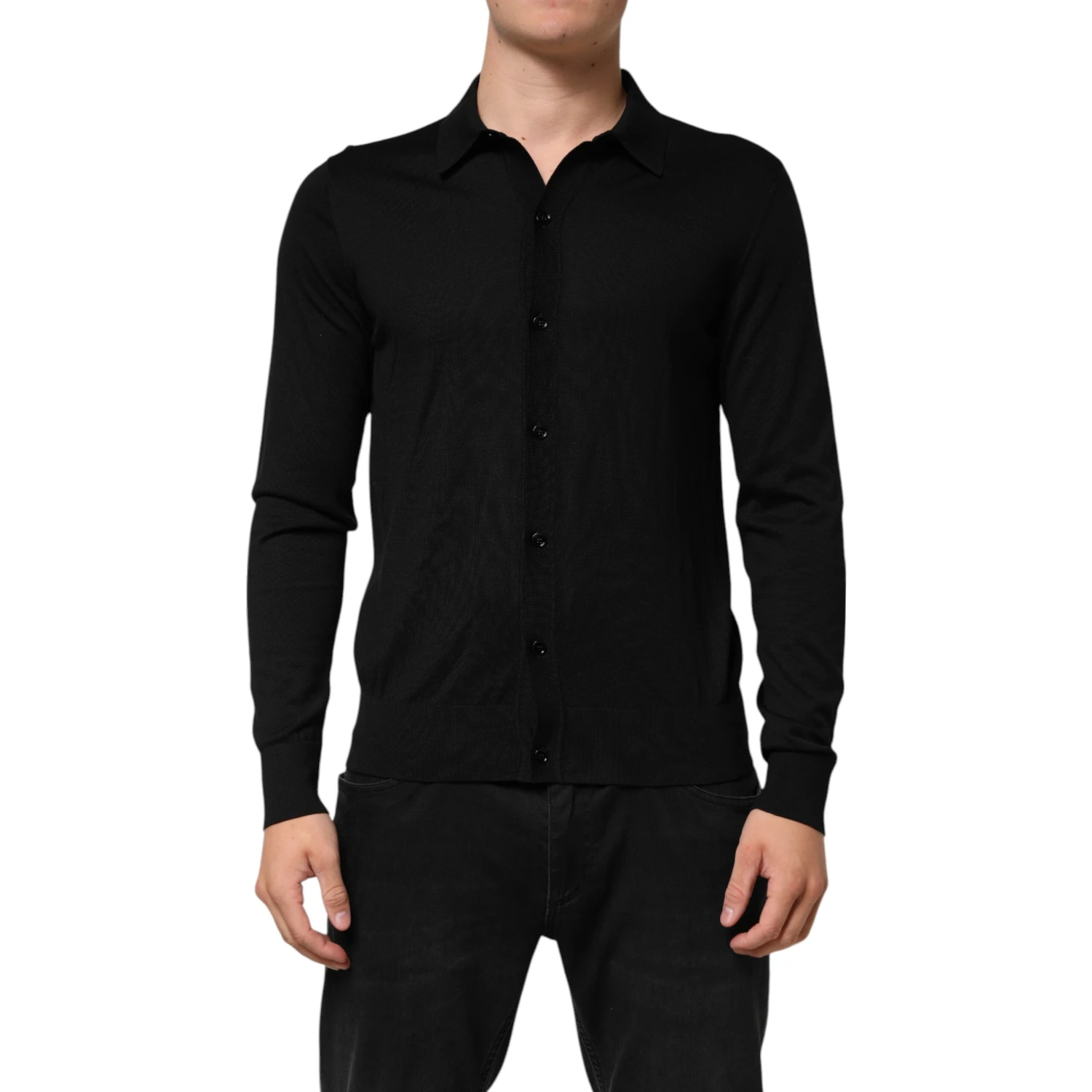 Black Silk Button Up Lightweight Sweater