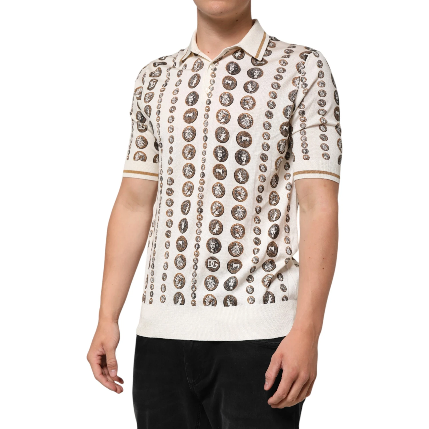 Silk Ivory Coin Print Logo Men Polo T-shirt