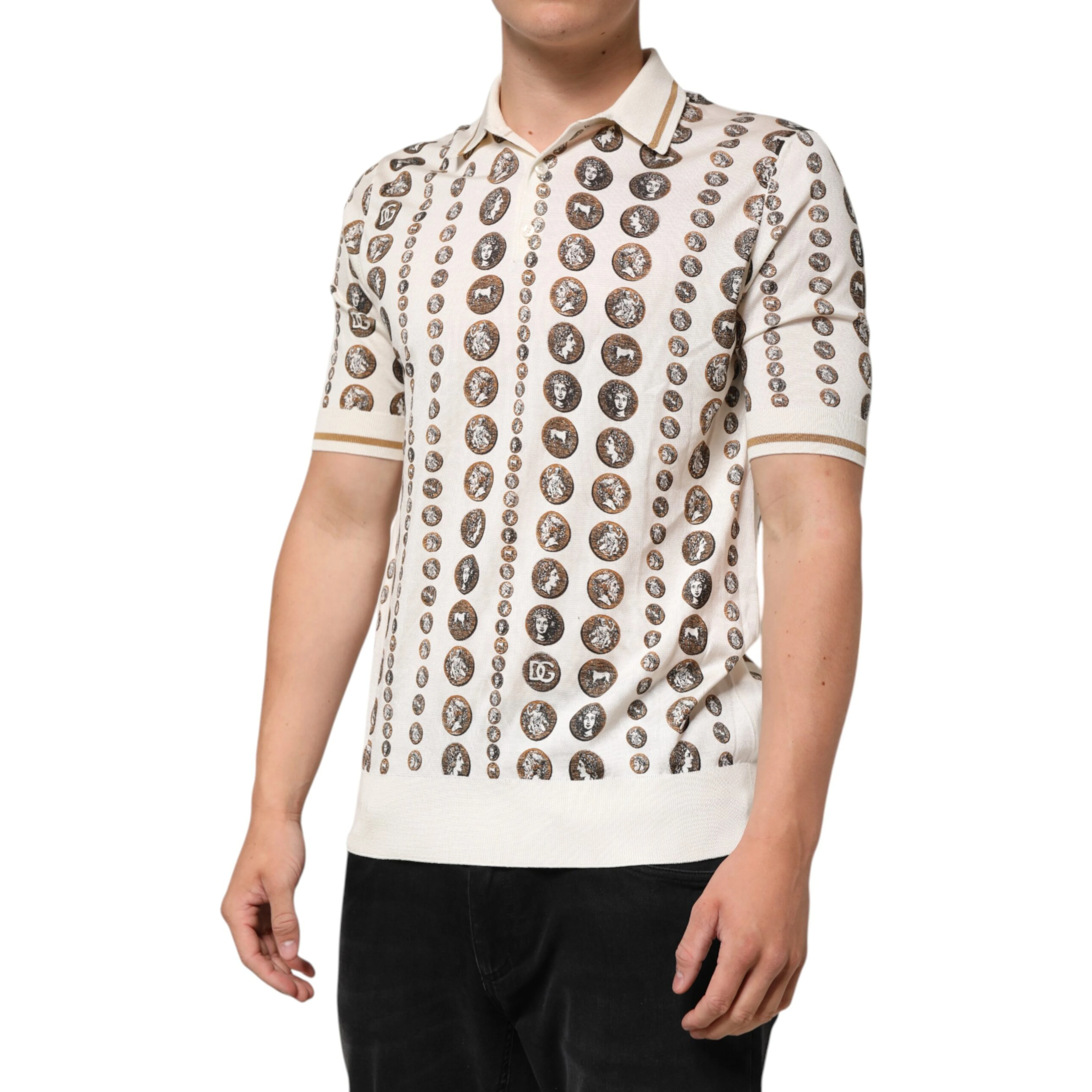Silk Ivory Coin Print Logo Men Polo T-shirt