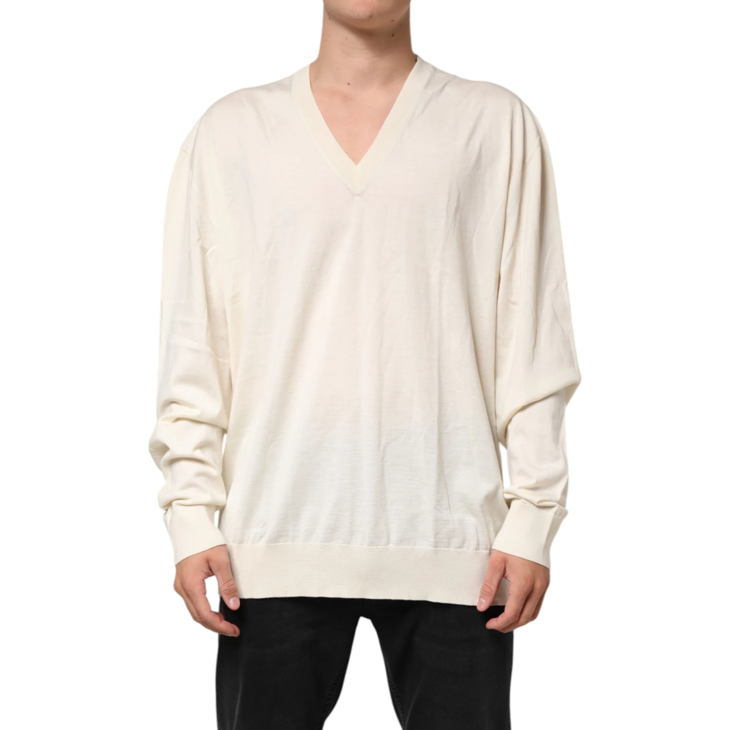 Ivory Virgin Wool Men V-Neck Knit Sweater