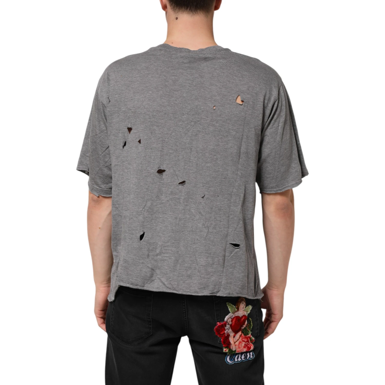 Gray Cotton Tattered Logo Patch Men T-shirt