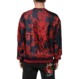 Silk Navy Red Coral Print Pullover Sweater