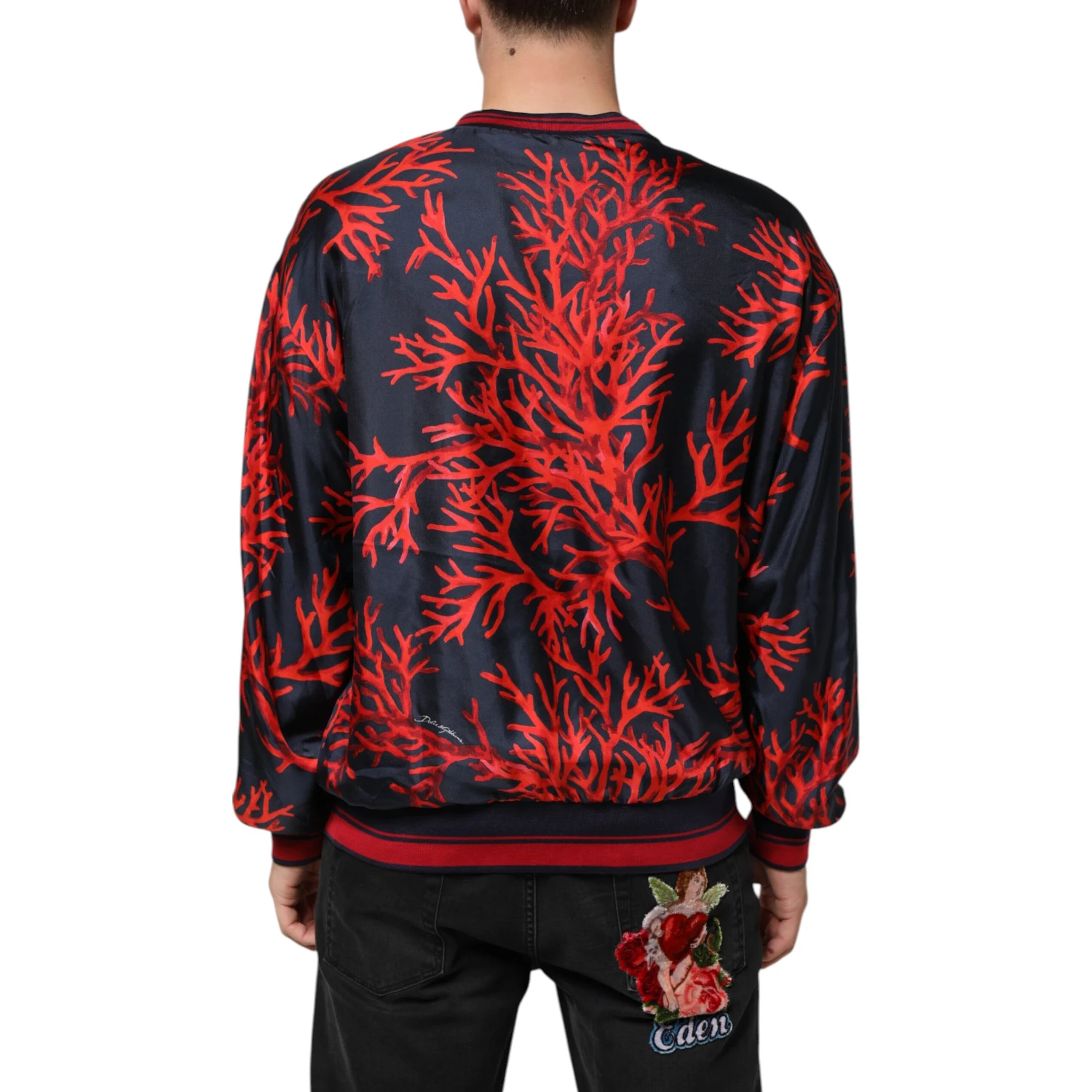 Silk Navy Red Coral Print Pullover Sweater