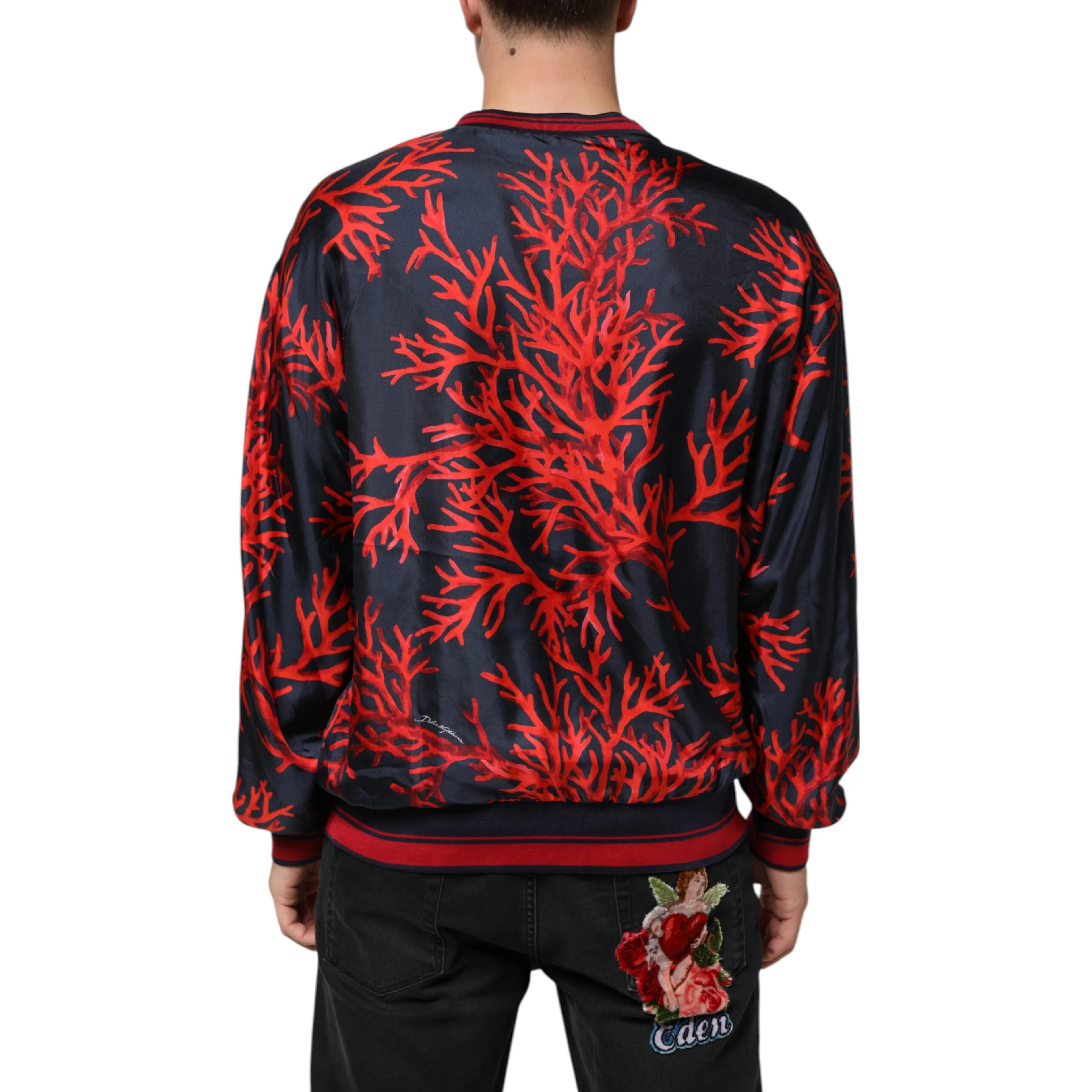 Silk Navy Red Coral Print Pullover Sweater