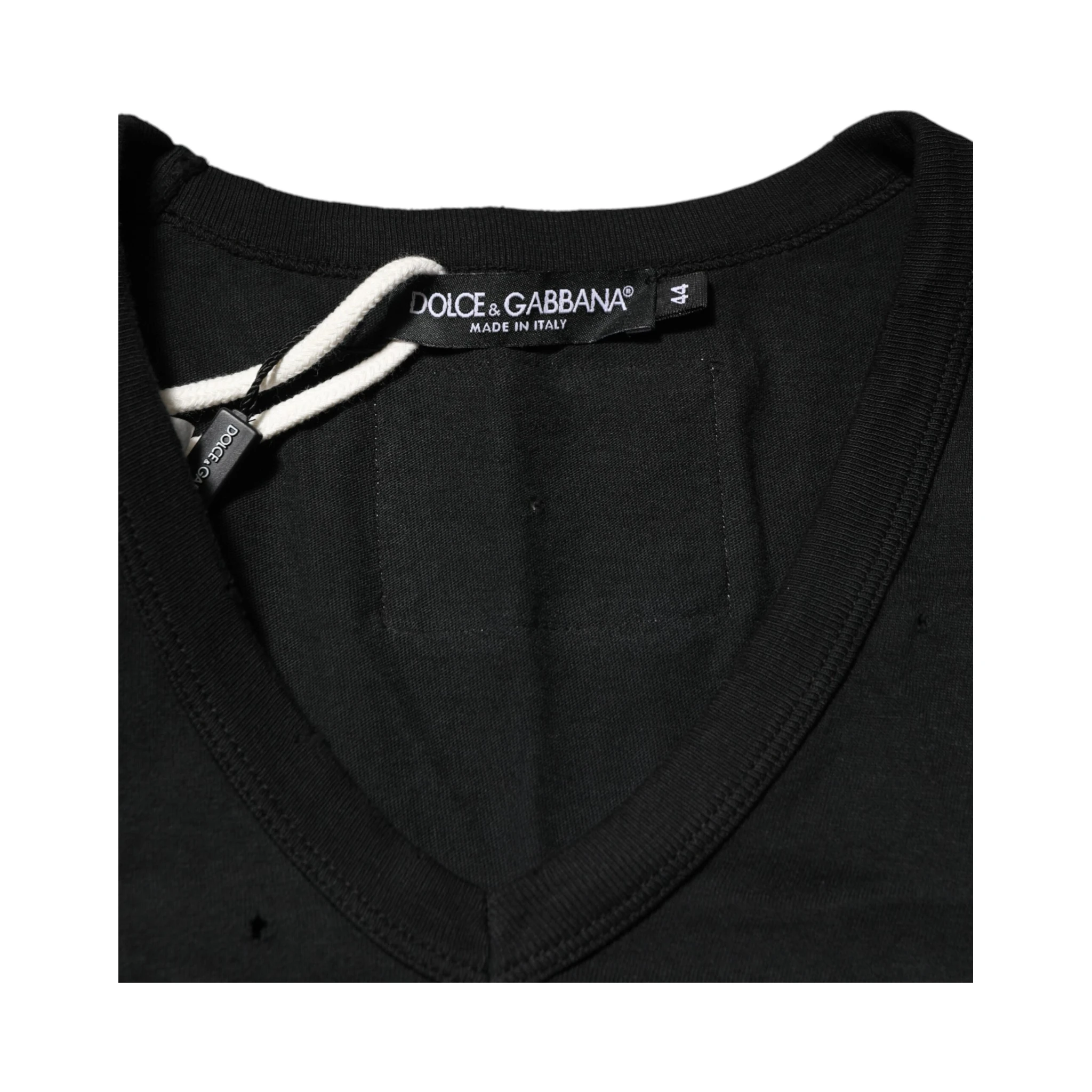 Black Cotton Tattered Logo V-Neck Men T-shirt