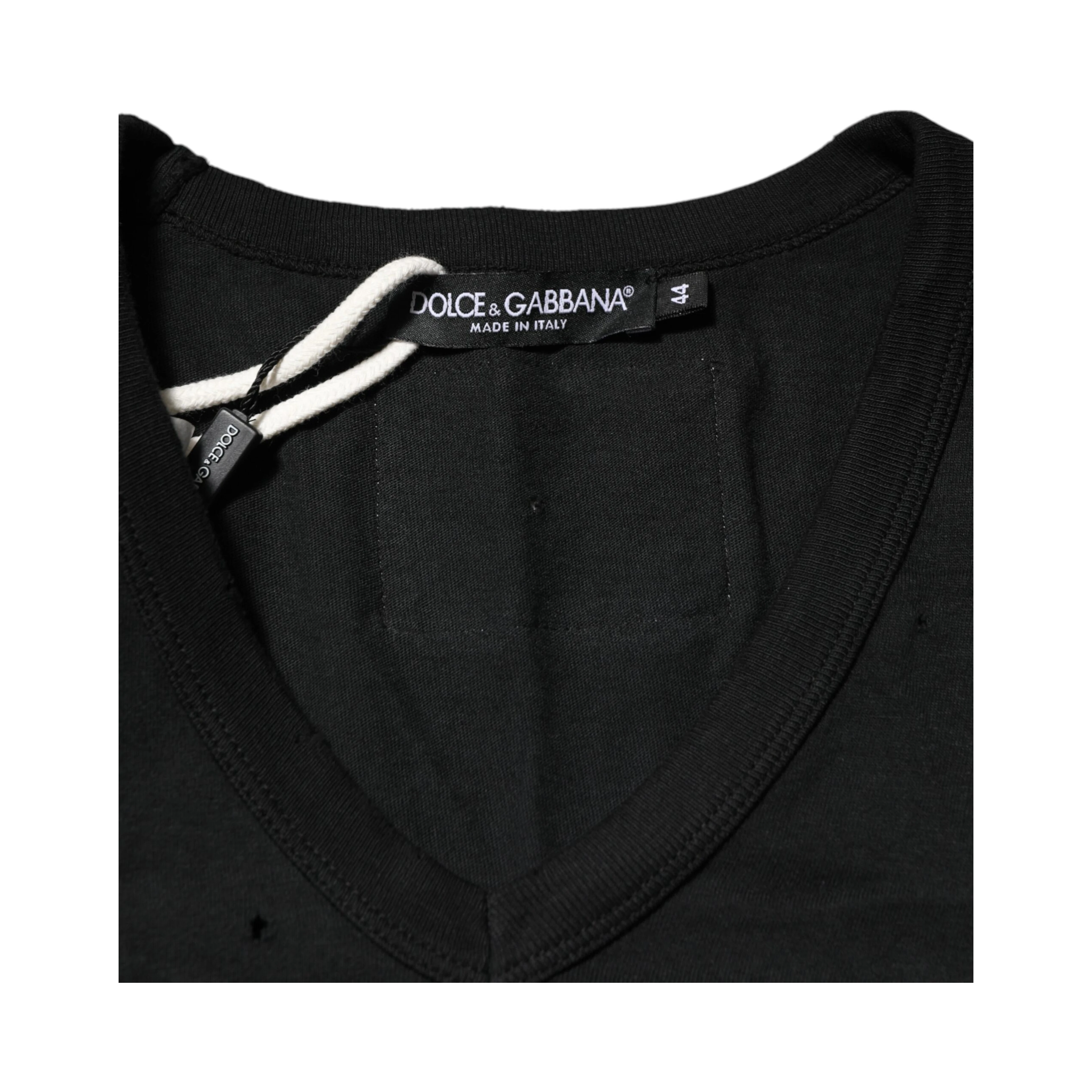 Black Cotton Tattered Logo V-Neck Men T-shirt