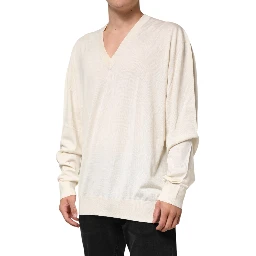 Ivory Virgin Wool Men V-Neck Knit Sweater