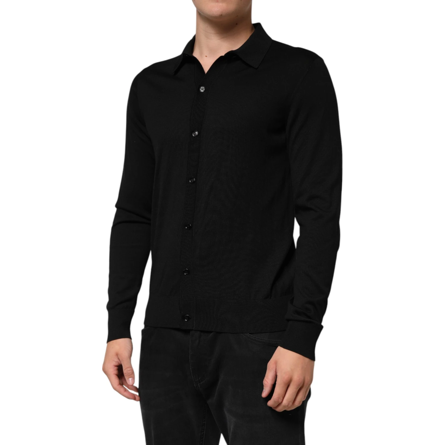 Black Silk Button Up Lightweight Sweater