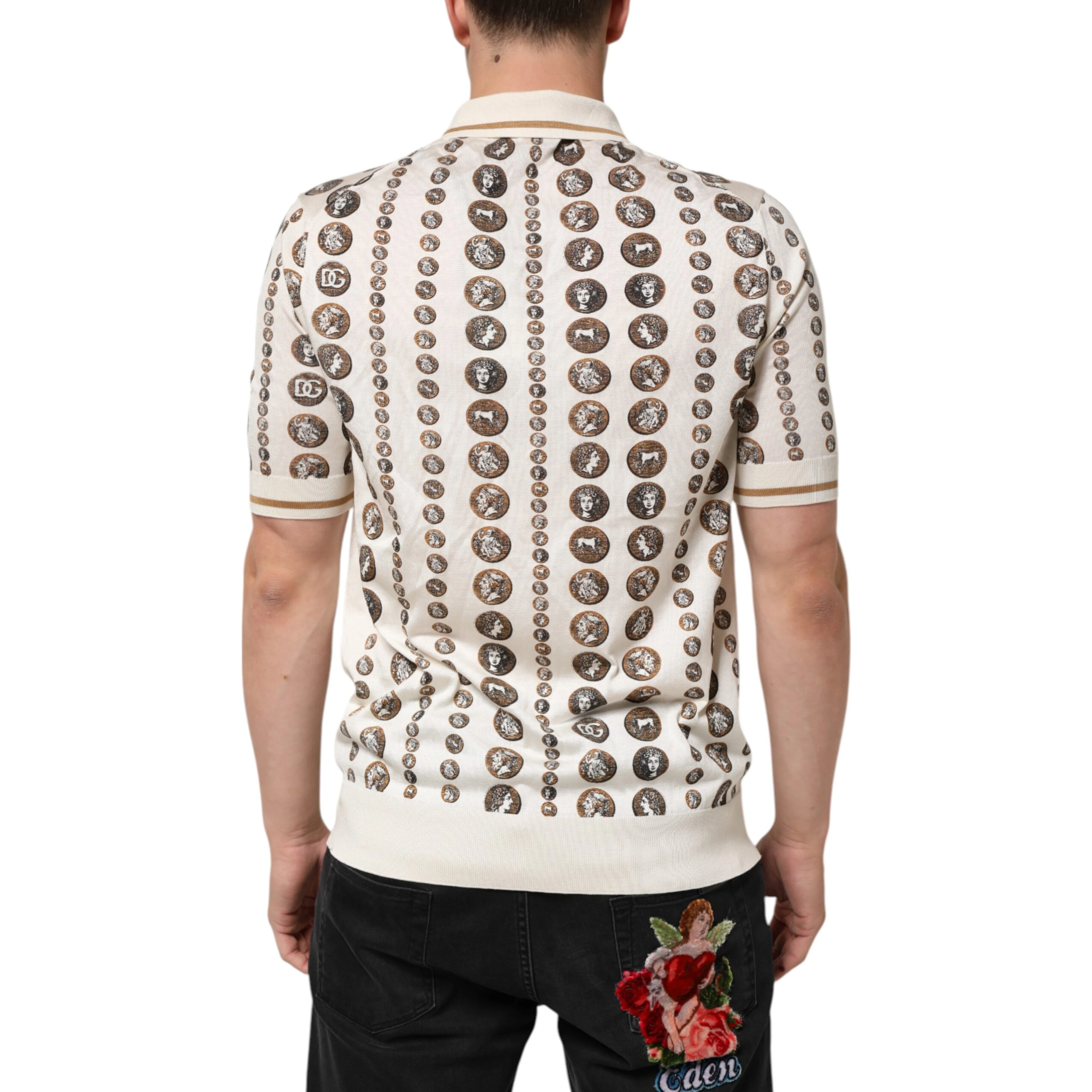 Silk Ivory Coin Print Logo Men Polo T-shirt