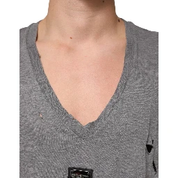 Gray Cotton Tattered Logo Patch Men T-shirt