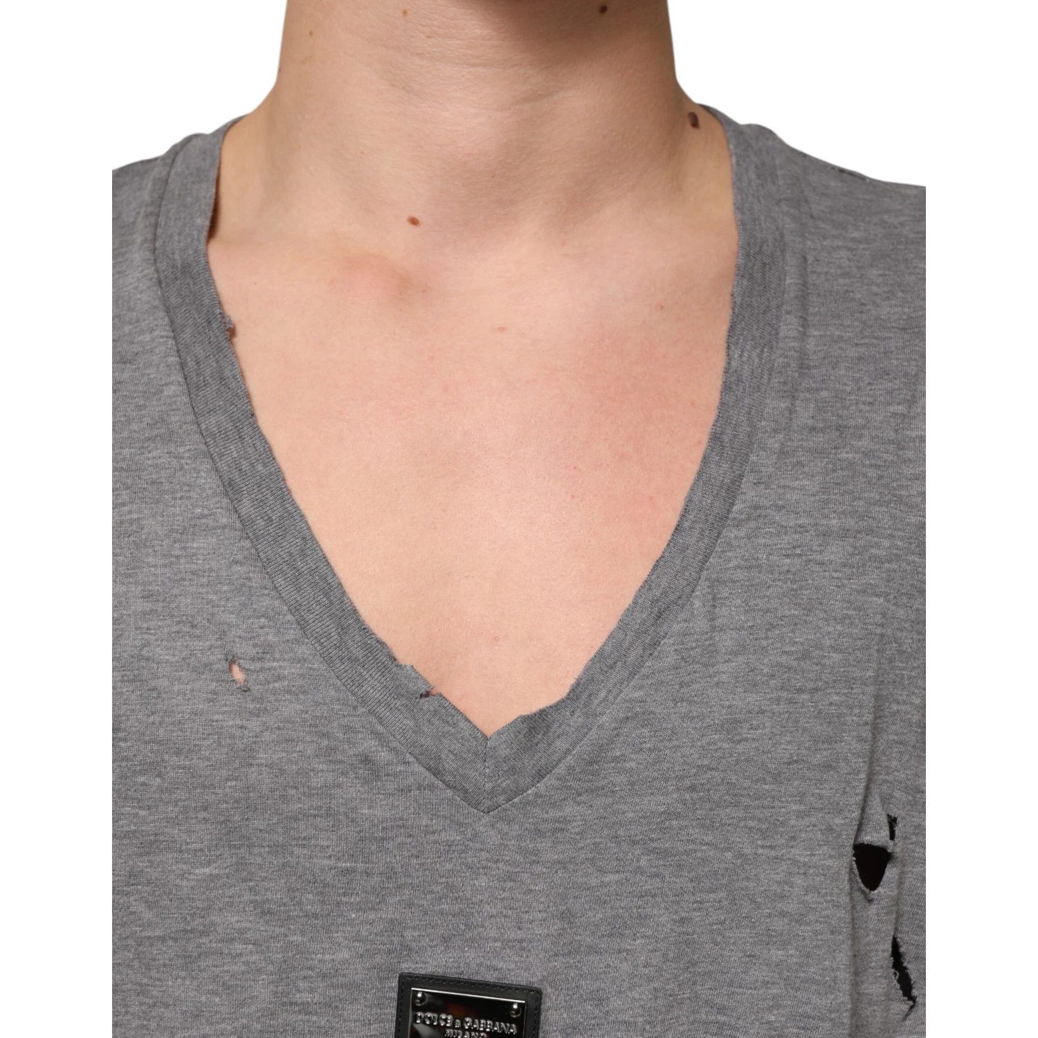 Gray Cotton Tattered Logo Patch Men T-shirt