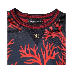 Silk Navy Red Coral Print Pullover Sweater