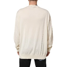 Ivory Virgin Wool Men V-Neck Knit Sweater