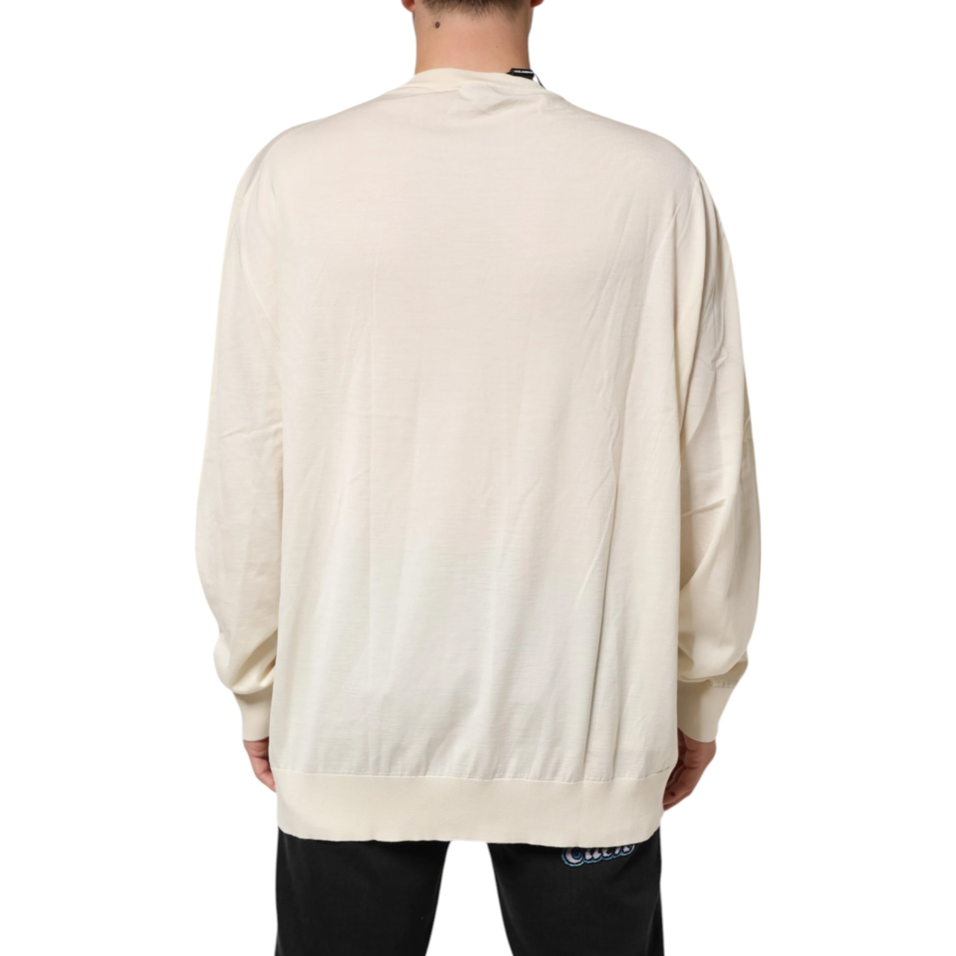 Ivory Virgin Wool Men V-Neck Knit Sweater