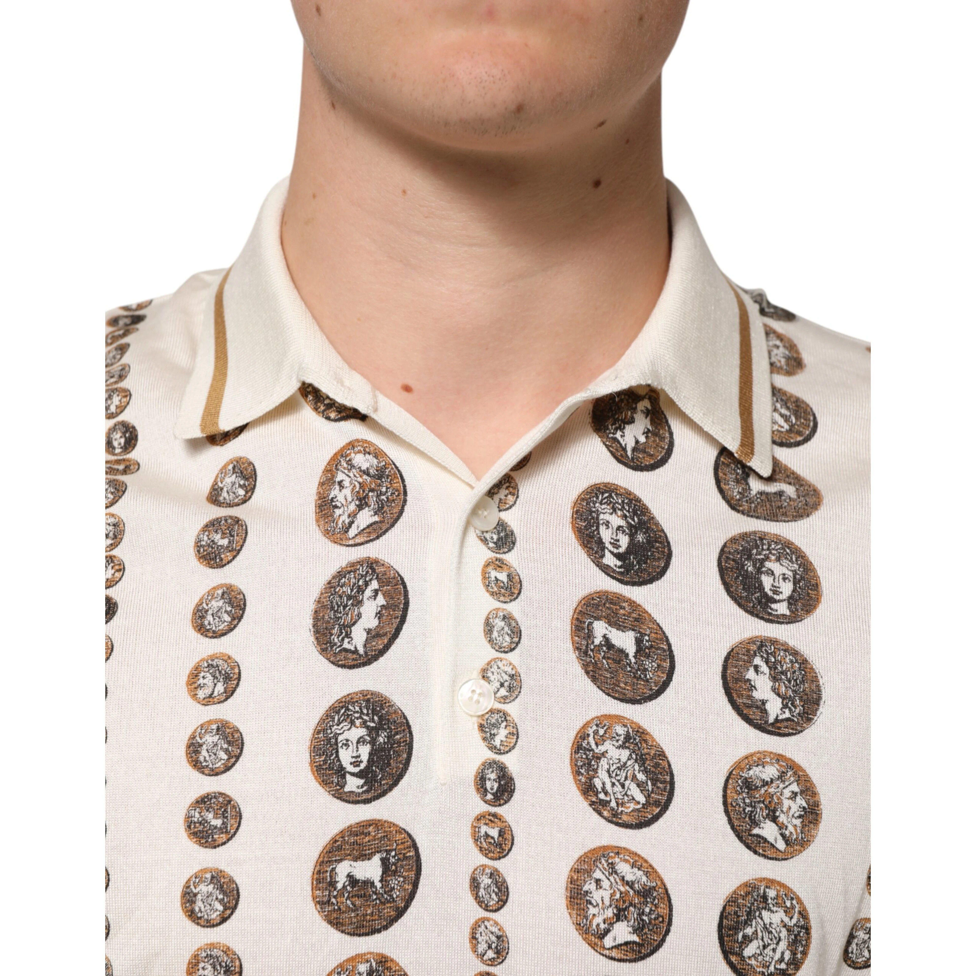 Silk Ivory Coin Print Logo Men Polo T-shirt