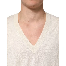Ivory Virgin Wool Men V-Neck Knit Sweater