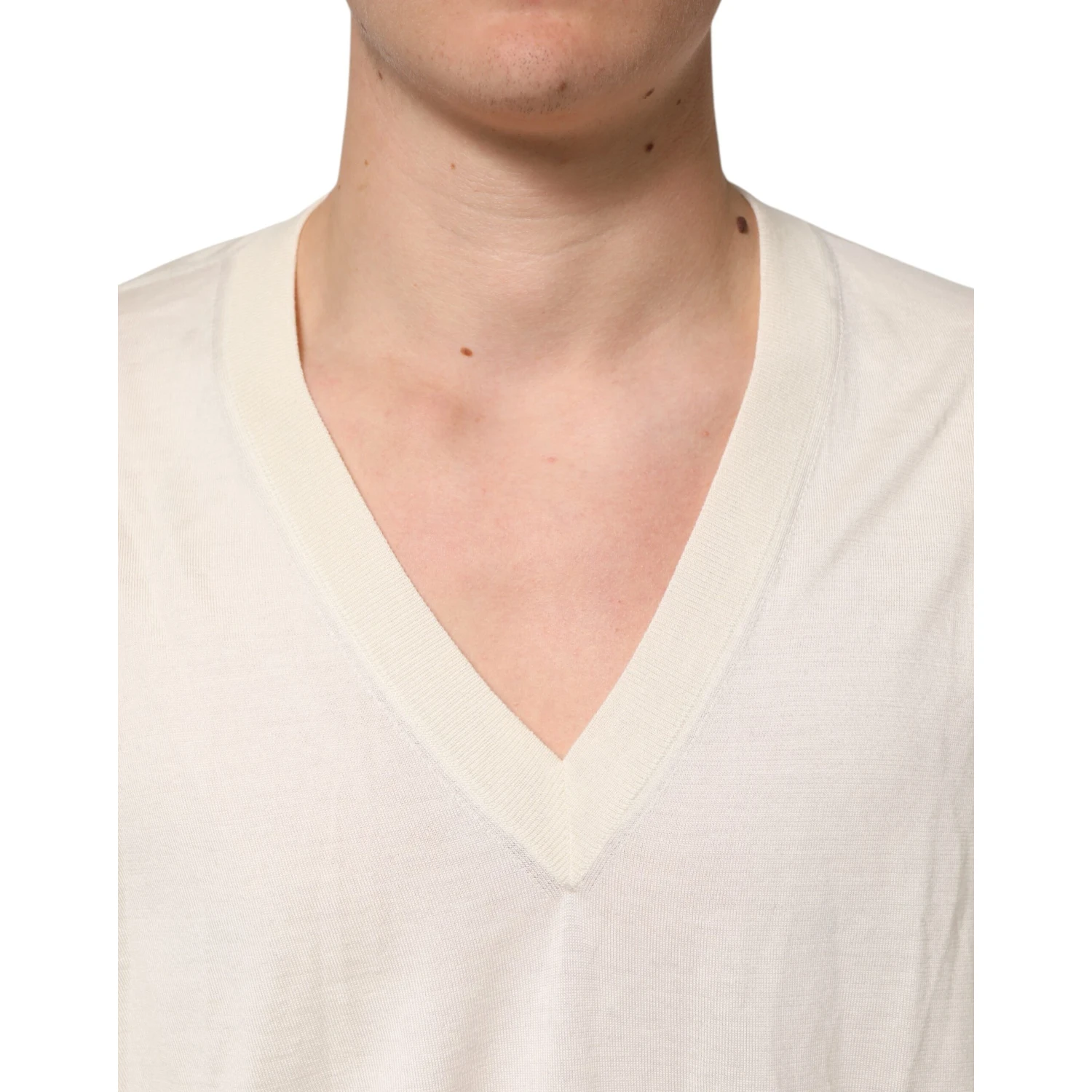 Ivory Virgin Wool Men V-Neck Knit Sweater