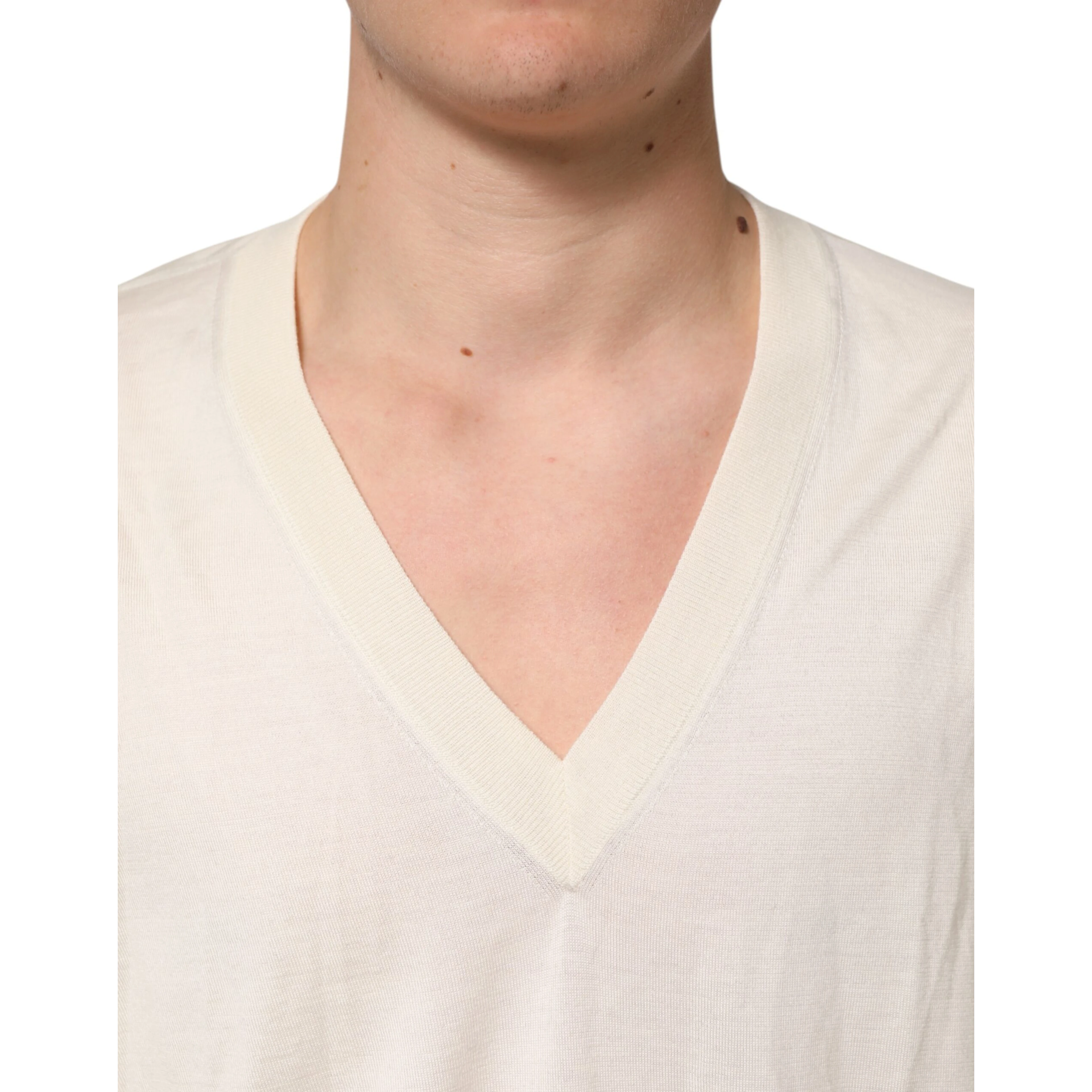 Ivory Virgin Wool Men V-Neck Knit Sweater