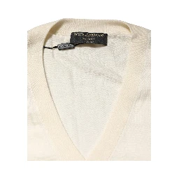Ivory Virgin Wool Men V-Neck Knit Sweater