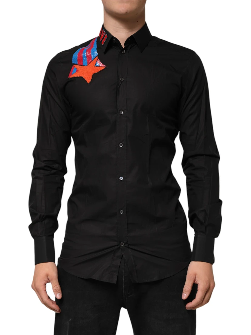 Black Cotton Star Sequin Dress Formal Men Shirt