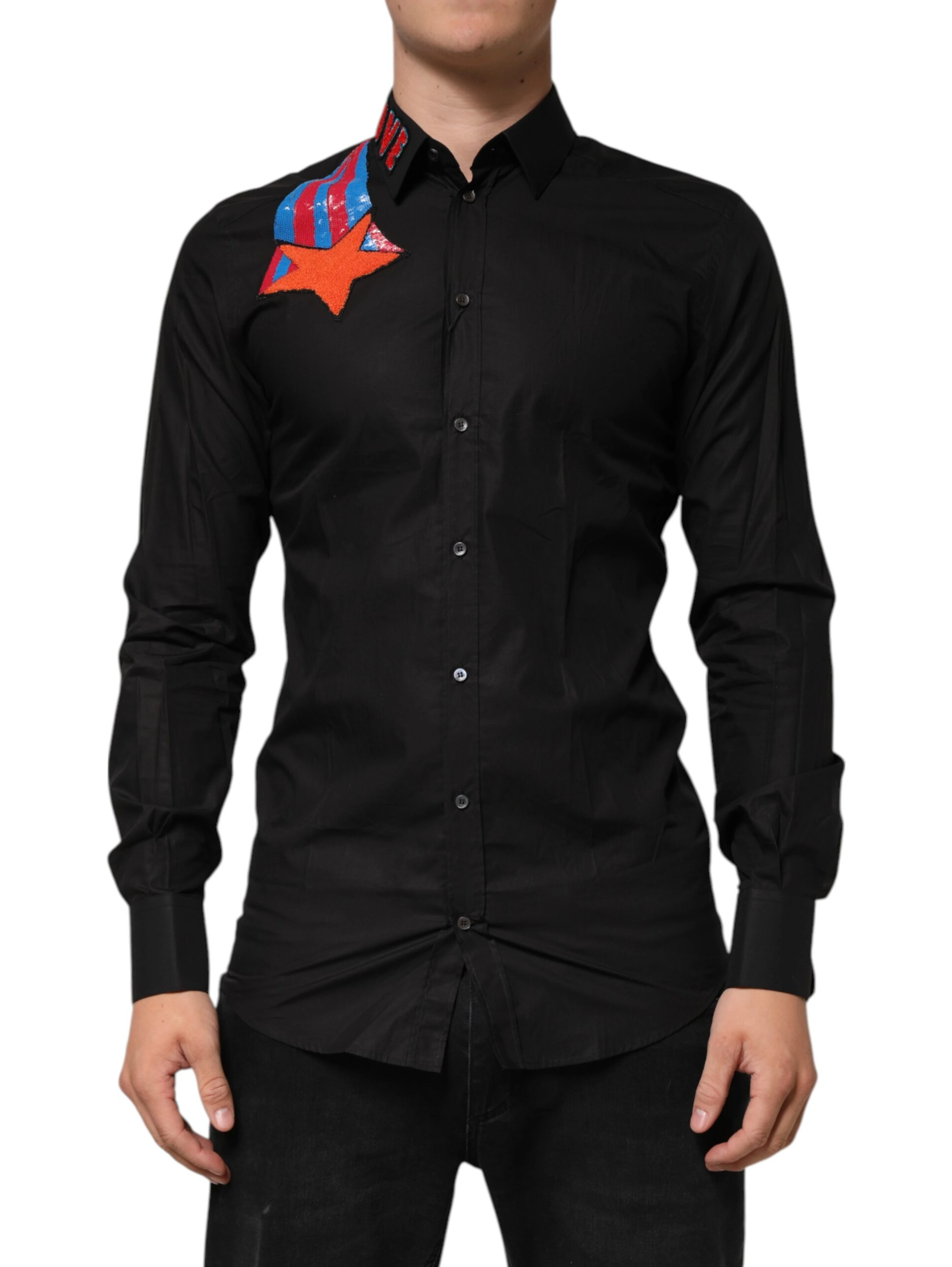 Black Cotton Star Sequin Dress Formal Men Shirt