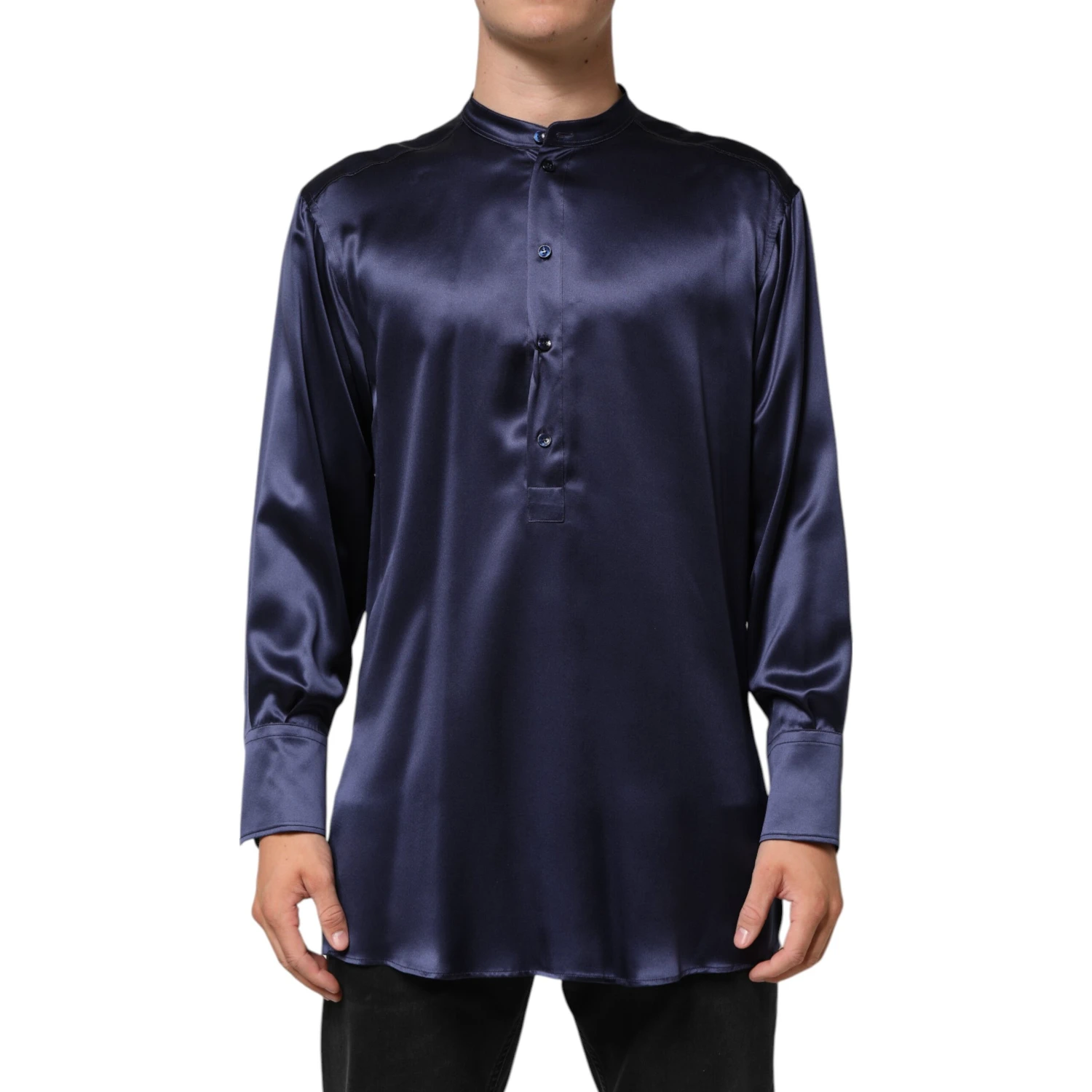 Navy Silk Long Sleeve Mandarin Collar Shirt