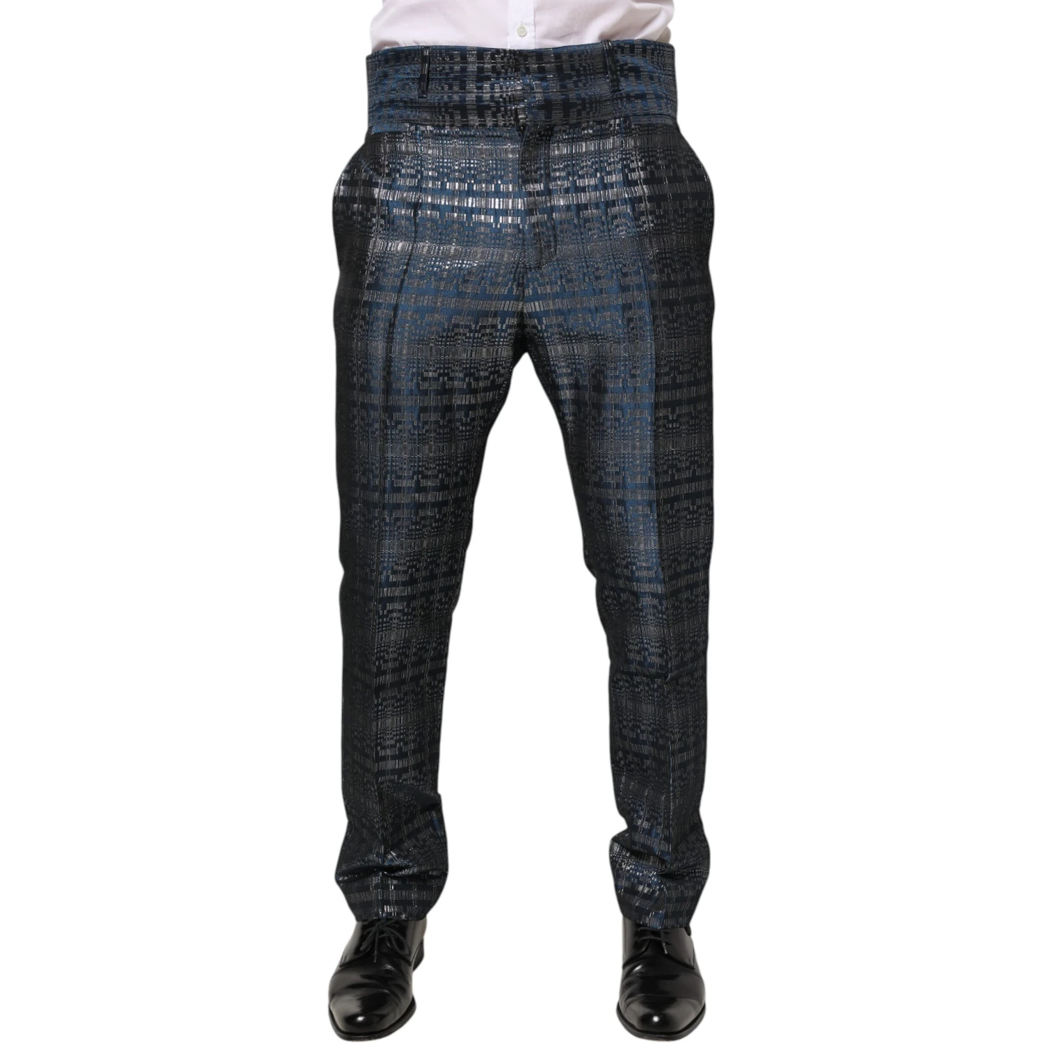 Blue Silver Shiny Silk Skinny Men Trouser Pants