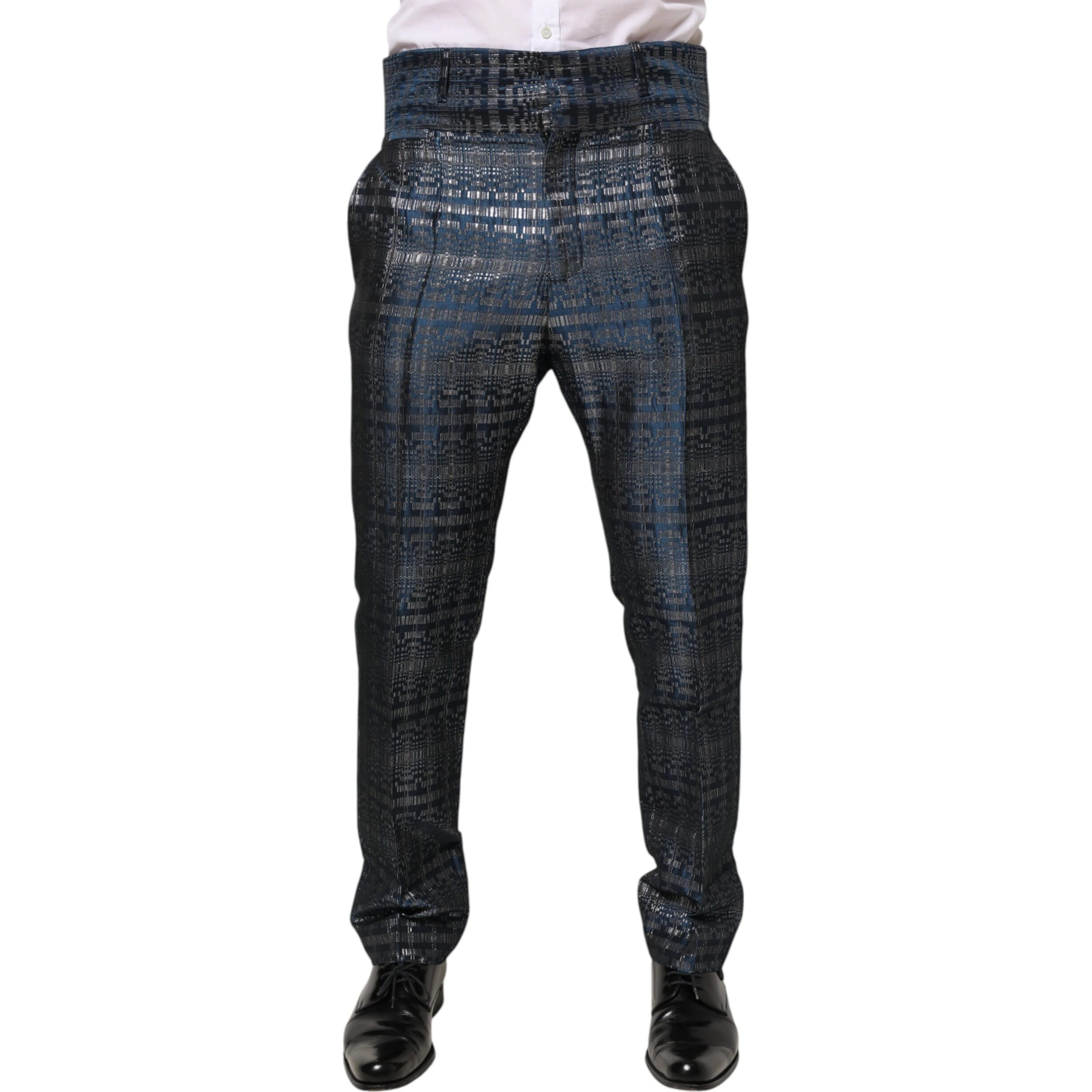 Blue Silver Shiny Silk Skinny Men Trouser Pants