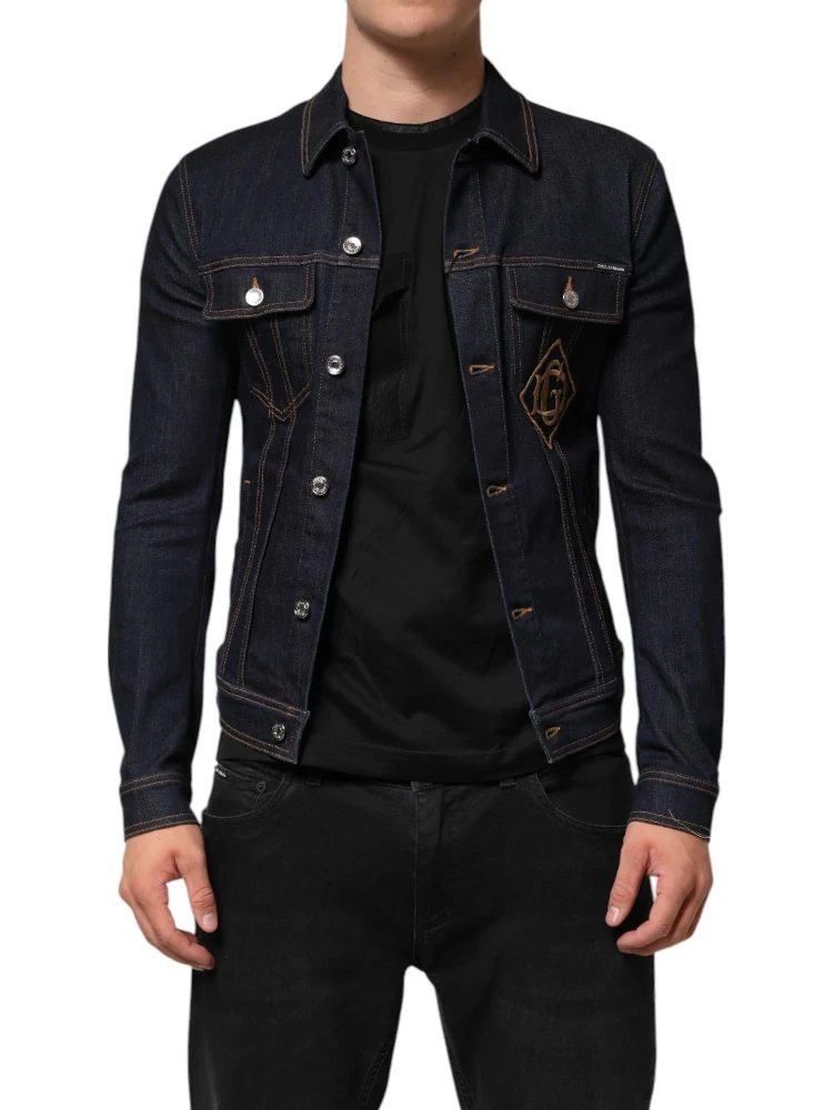 Indigo Blue Denim Slim Fit Logo Patch Jacket